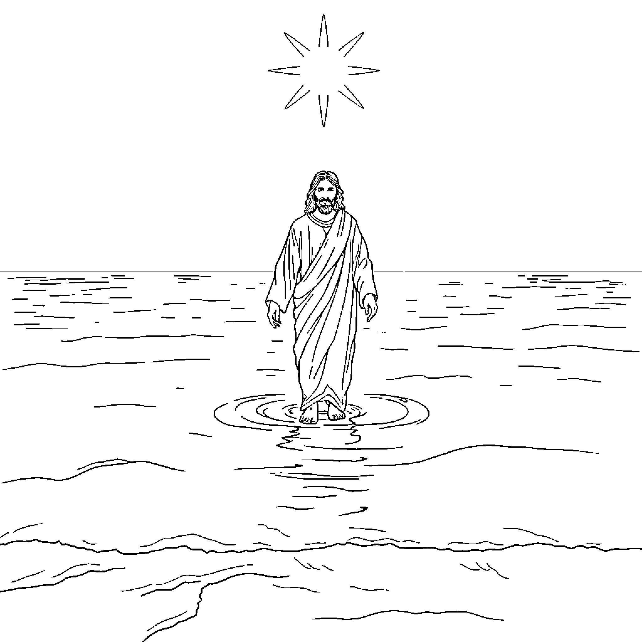 Jesus walking on water under the shining star Coloring Page (free black-and-white line drawing printable PDF for all, from beginners to advanced learners, including children, teens, adults, and seniors)
