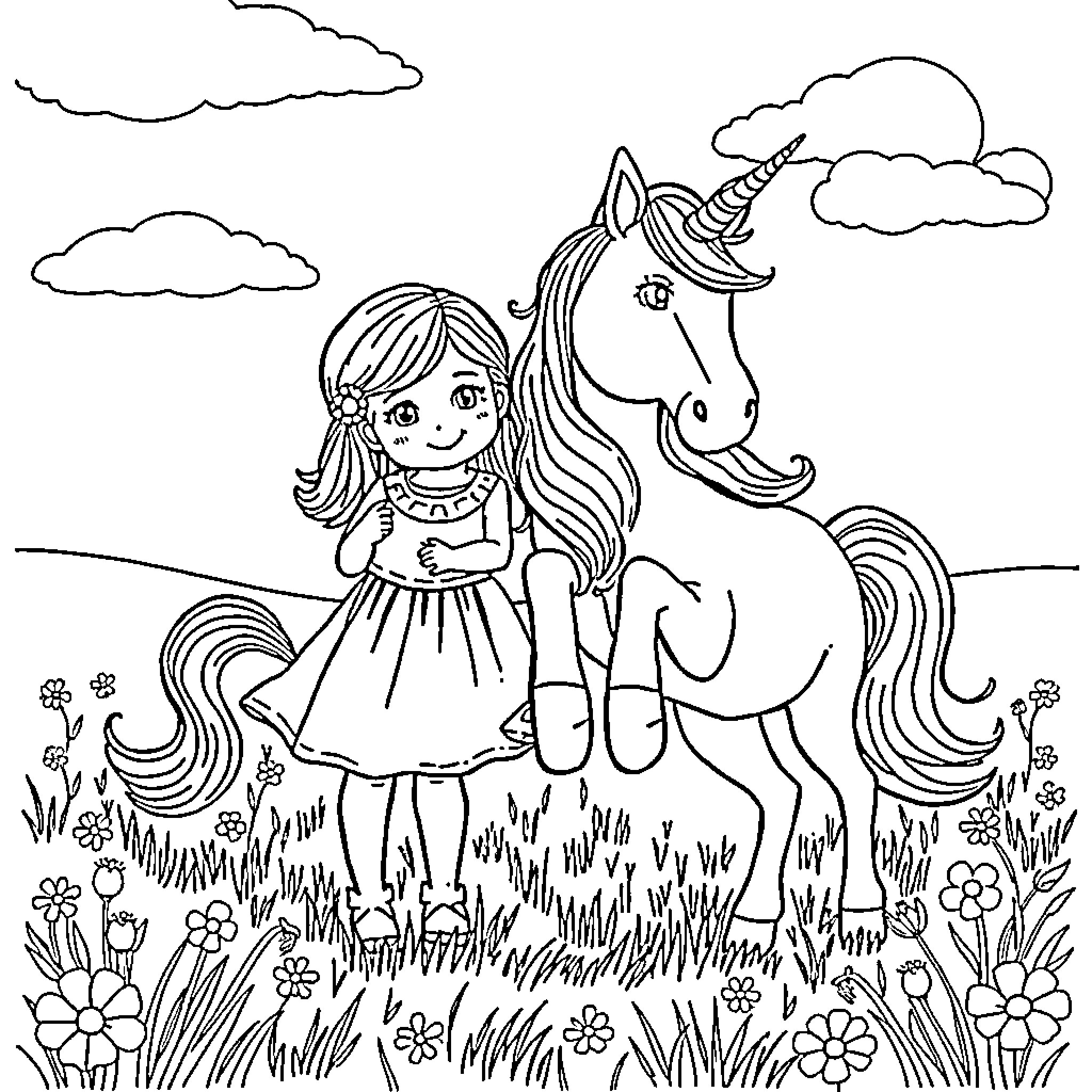 Girl riding a magical unicorn in a flowery field Coloring Page (free black-and-white line drawing printable PDF for all, from beginners to advanced learners, including children, teens, adults, and seniors)