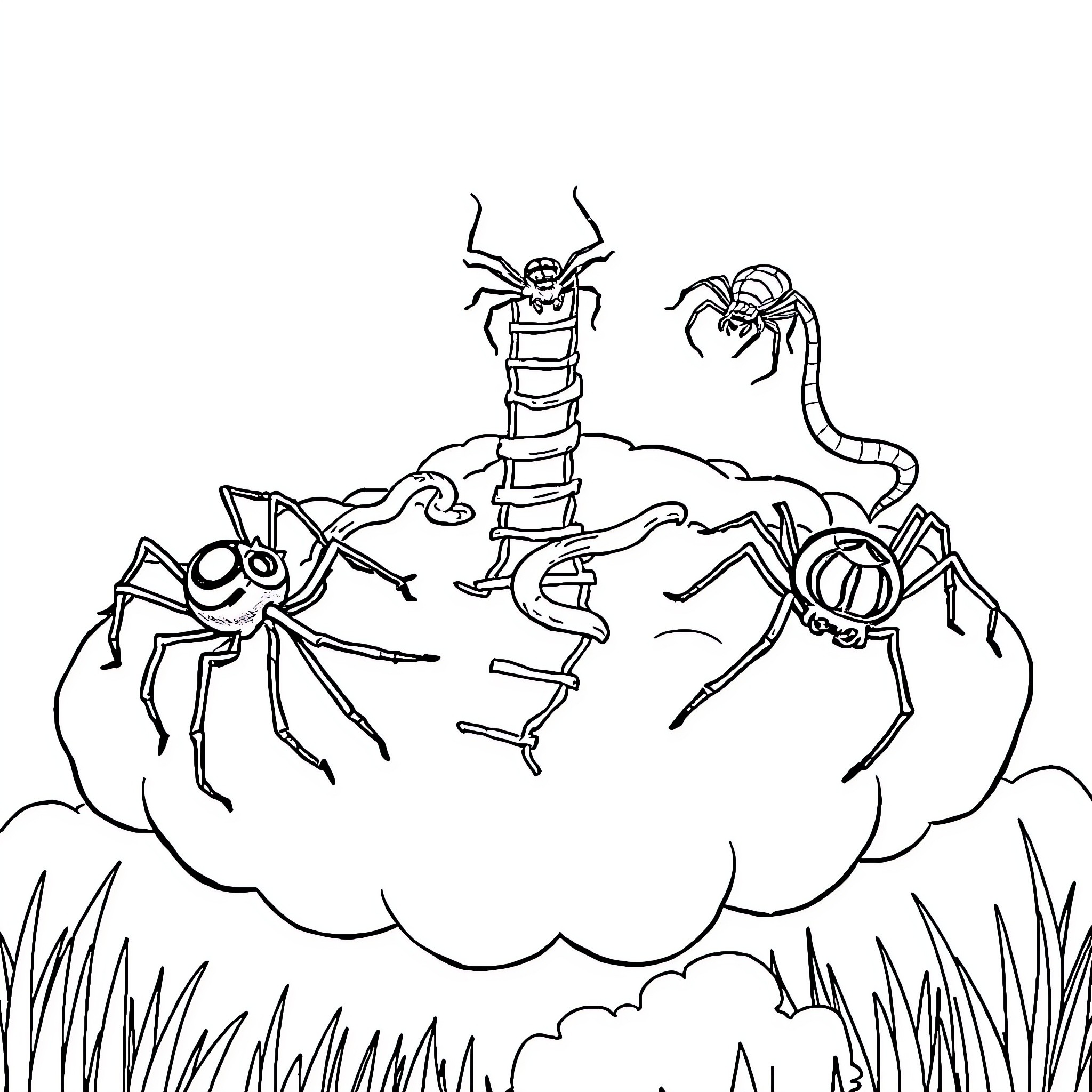 Spider Creatures Exploring an Outdoor Scene Coloring Page (free black-and-white line drawing printable PDF for all, from beginners to advanced learners, including children, teens, adults, and seniors)