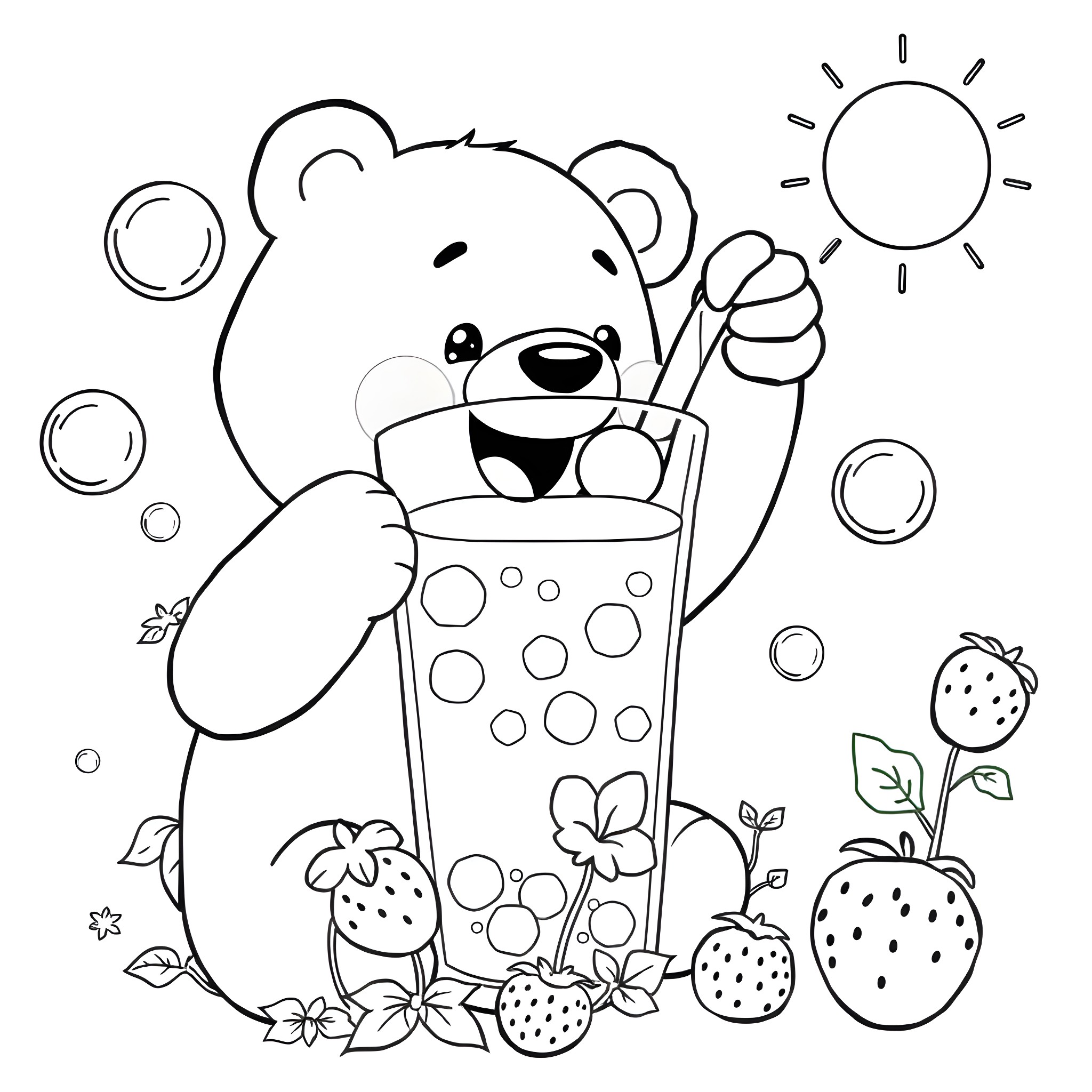Bear enjoying a refreshing drink with strawberries Coloring Page (free black-and-white line drawing printable PDF for all, from beginners to advanced learners, including children, teens, adults, and seniors)