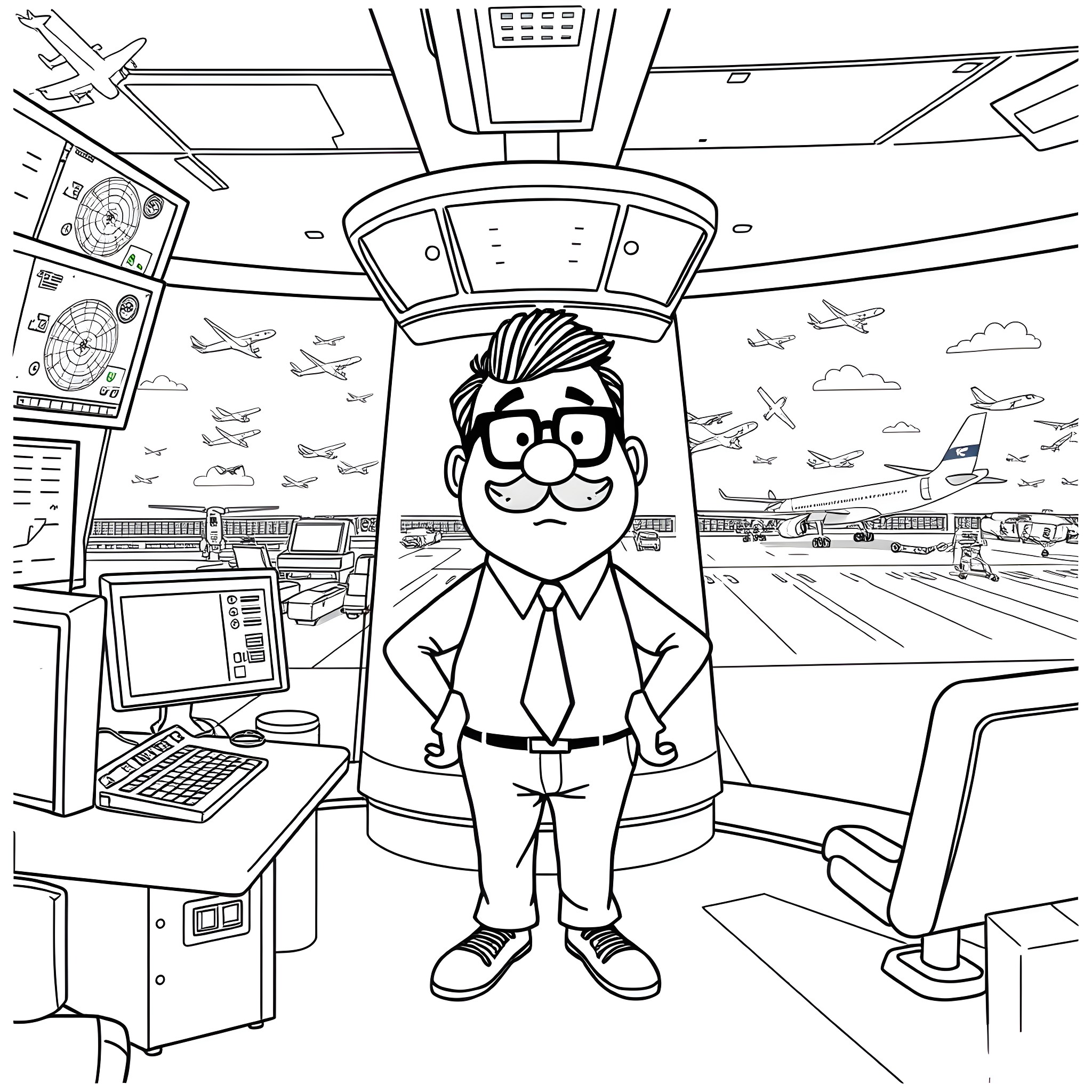 Bob the Air Traffic Controller at Work Coloring Page (free black-and-white line drawing printable PDF for all, from beginners to advanced learners, including children, teens, adults, and seniors)