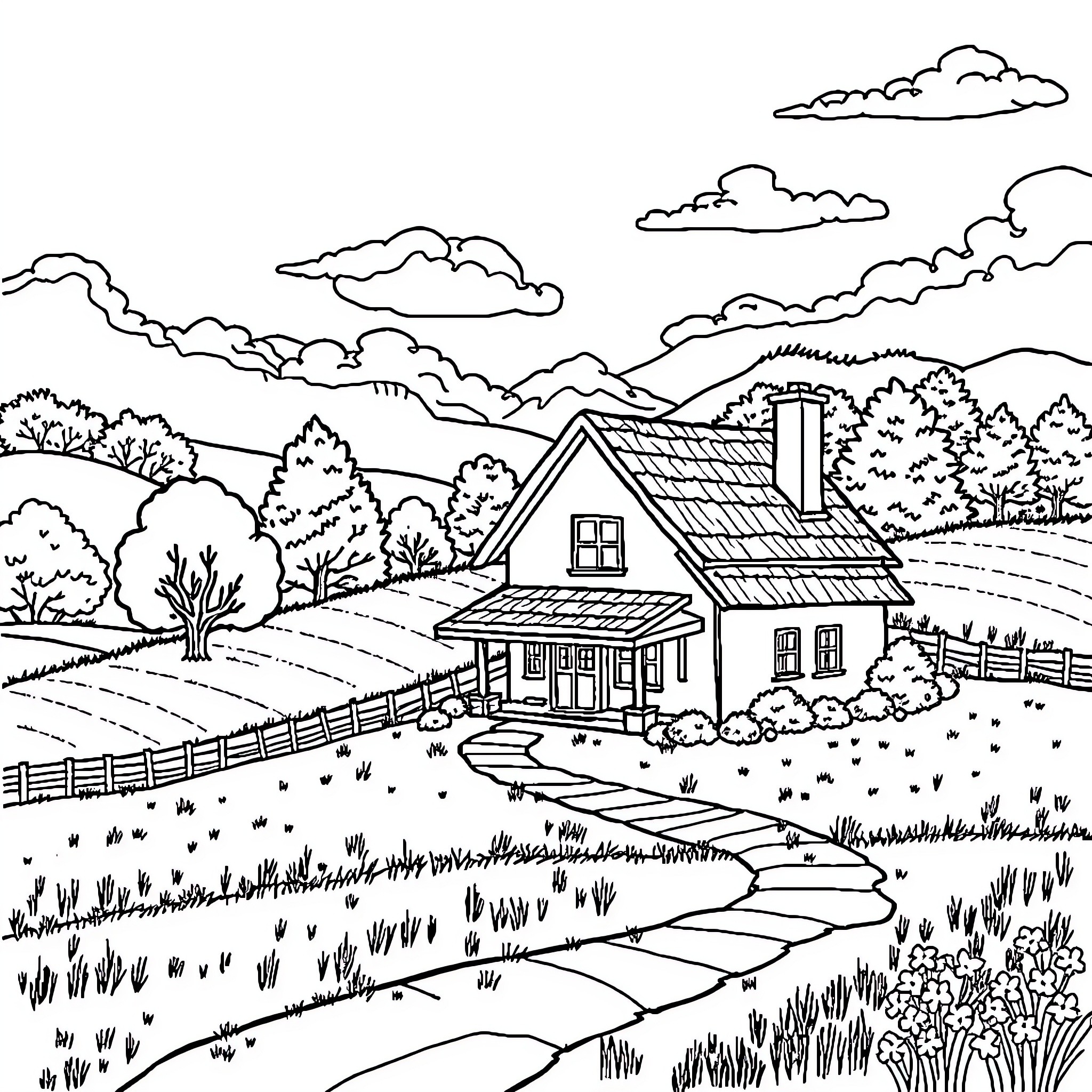 Home in a peaceful countryside landscape Coloring Page (free black-and-white line drawing printable PDF for all, from beginners to advanced learners, including children, teens, adults, and seniors)