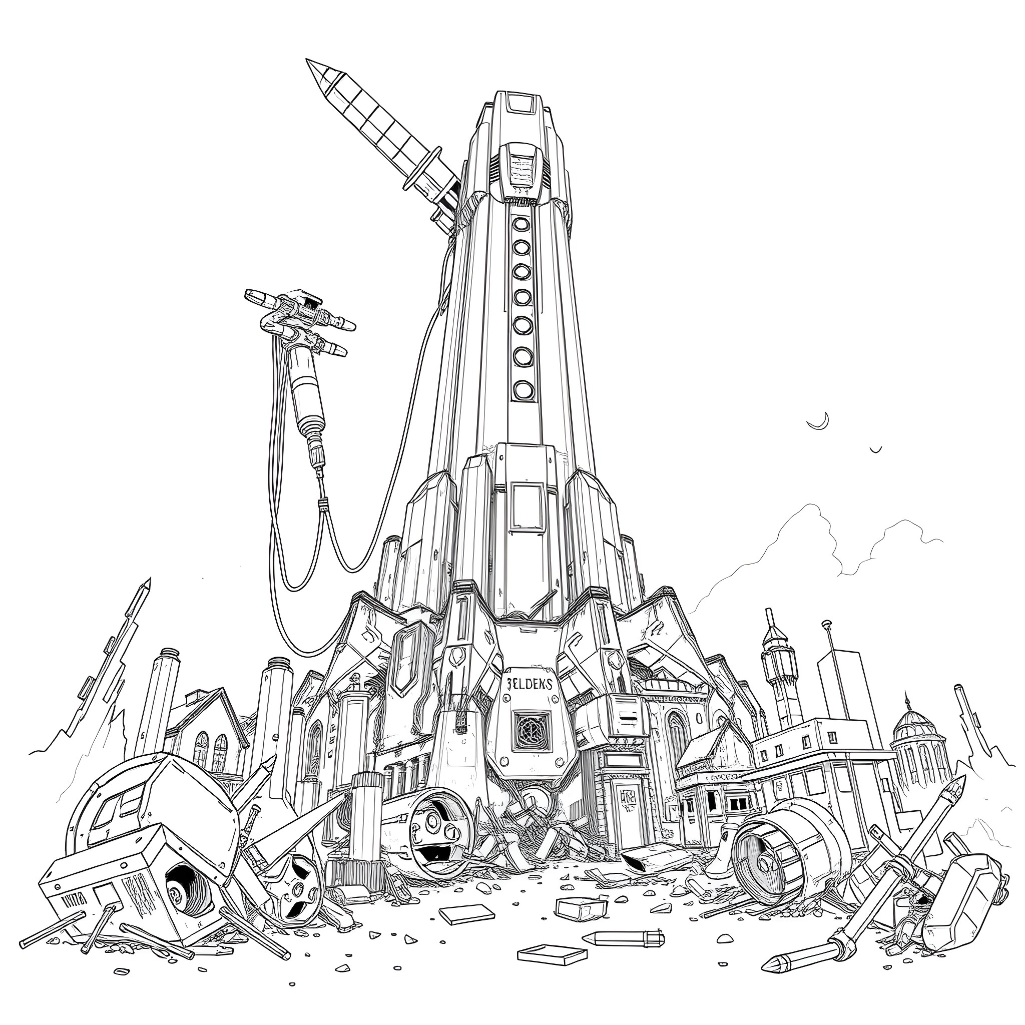 Nemesis: Futuristic Technological Ruins Coloring Page (free black-and-white line drawing printable PDF for all, from beginners to advanced learners, including children, teens, adults, and seniors)