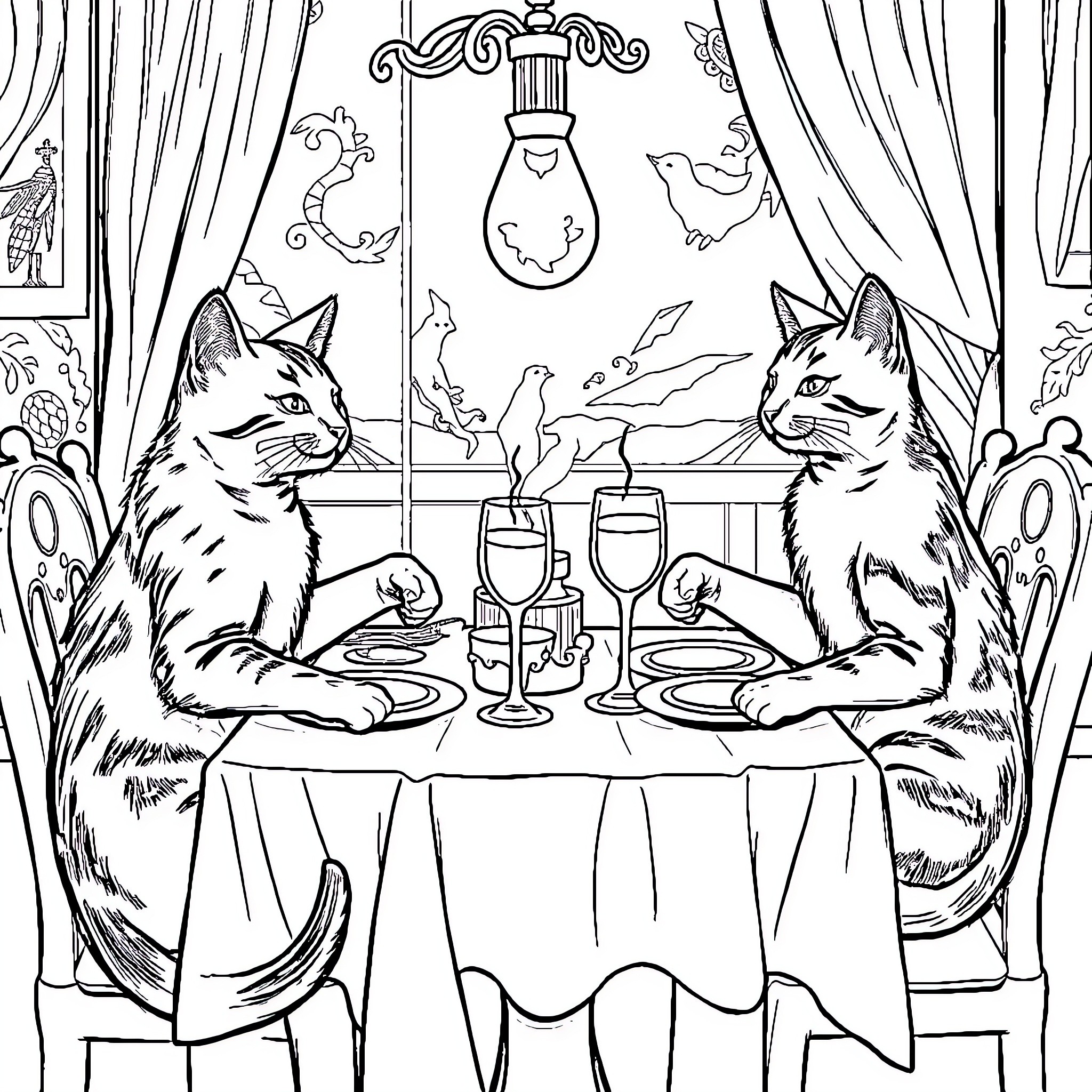 Gato dinner with candle and birds Coloring Page (free black-and-white line drawing printable PDF for all, from beginners to advanced learners, including children, teens, adults, and seniors)