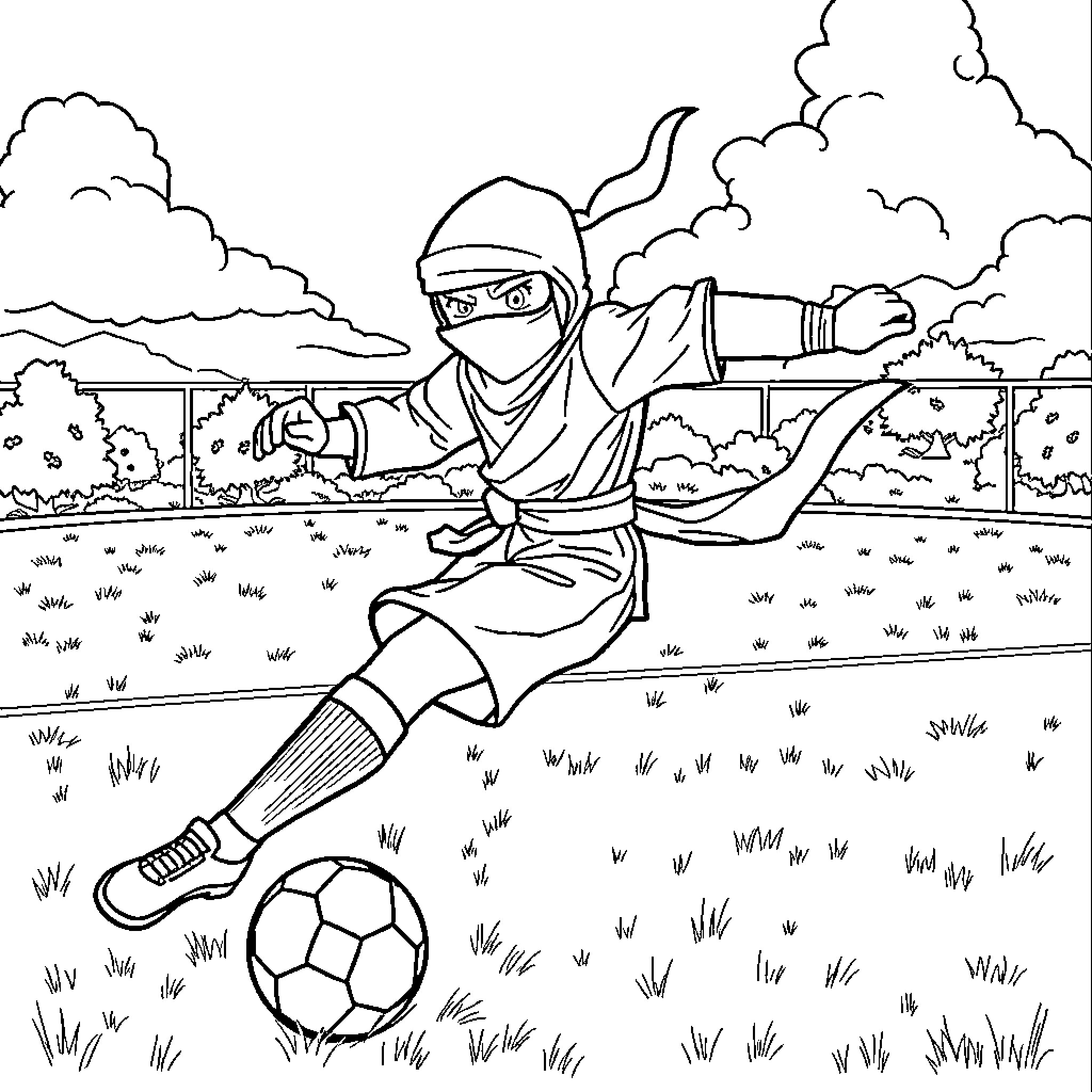 Ninja in action kicking soccer ball in field Coloring Page (free black-and-white line drawing printable PDF for all, from beginners to advanced learners, including children, teens, adults, and seniors)
