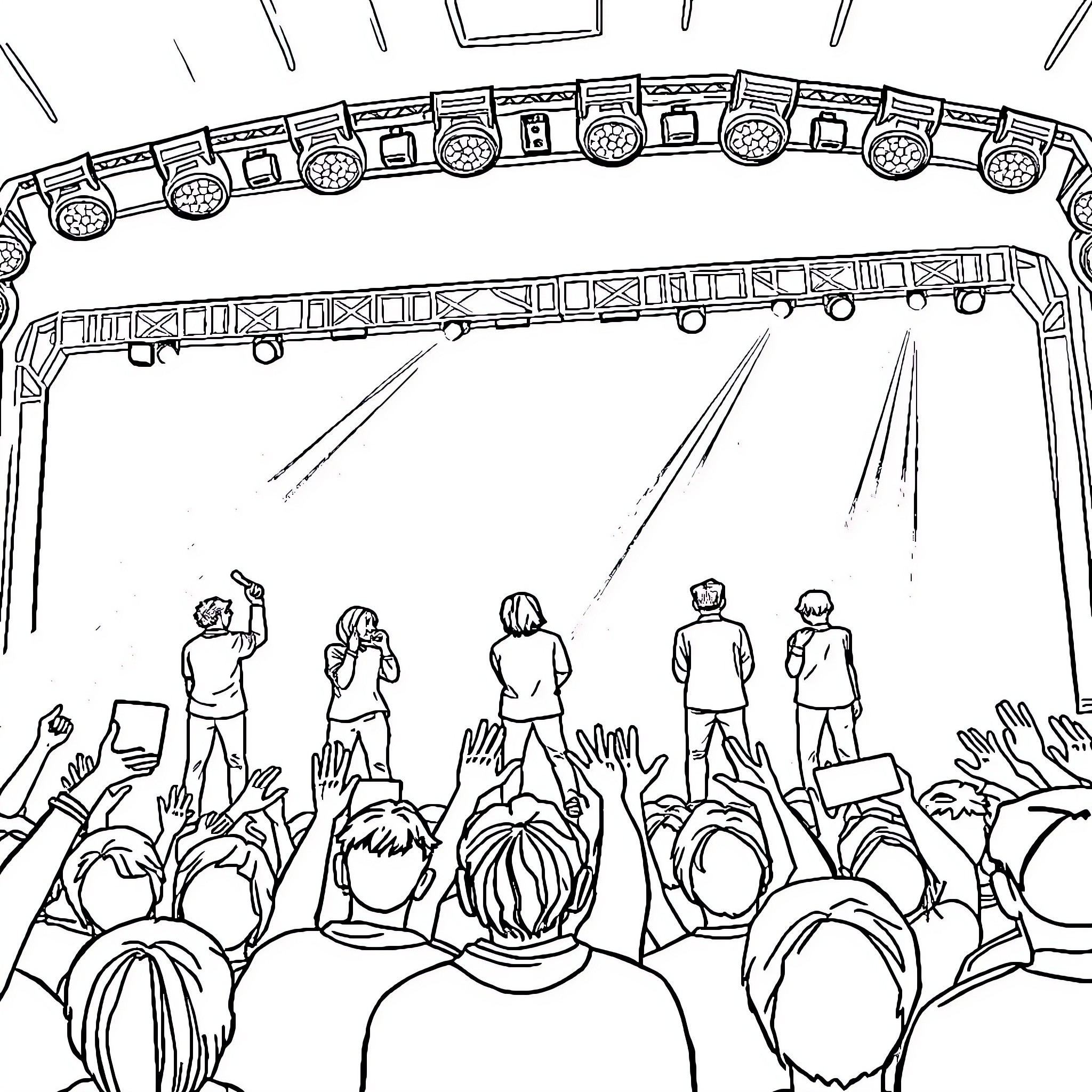 BTS Performing on Stage with Crowd Coloring Page (free black-and-white line drawing printable PDF for all, from beginners to advanced learners, including children, teens, adults, and seniors)
