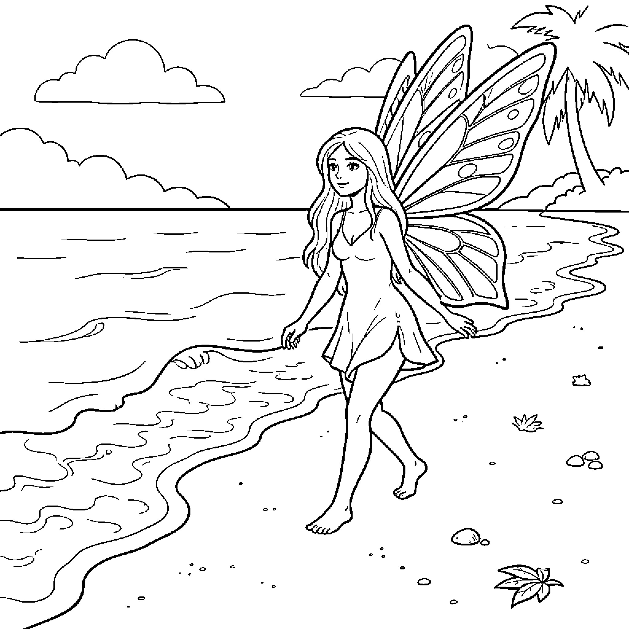 Fairy exploring the serene beach landscape Coloring Page (free black-and-white line drawing printable PDF for all, from beginners to advanced learners, including children, teens, adults, and seniors)
