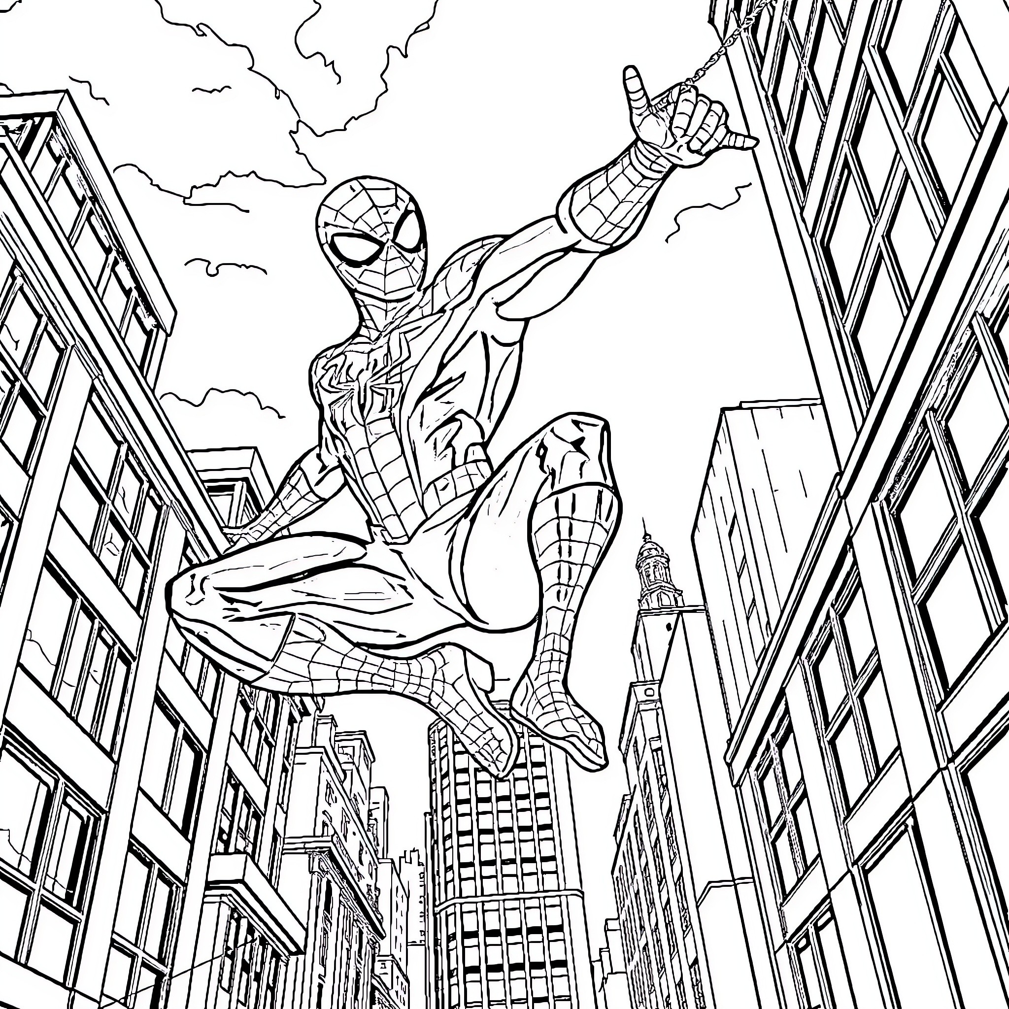 Spiderman Swinging through the City Coloring Page (free black-and-white line drawing printable PDF for all, from beginners to advanced learners, including children, teens, adults, and seniors)