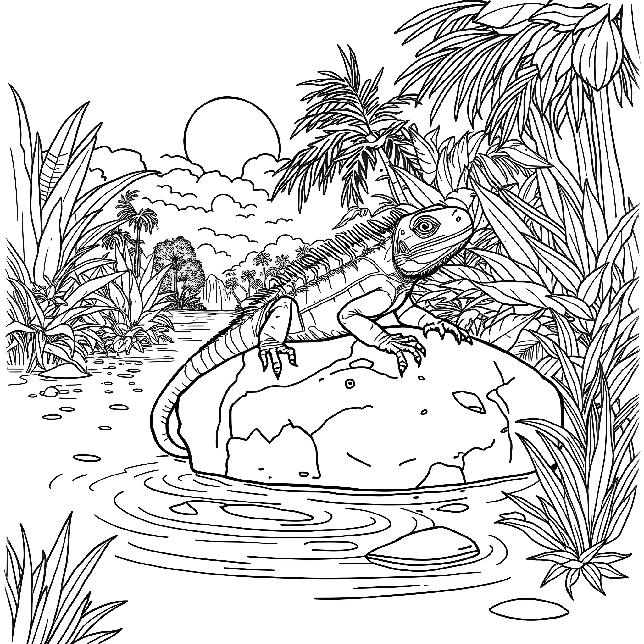 Iguana exploring tropical jungle landscape Coloring Page (free black-and-white line drawing printable PDF for all, from beginners to advanced learners, including children, teens, adults, and seniors)