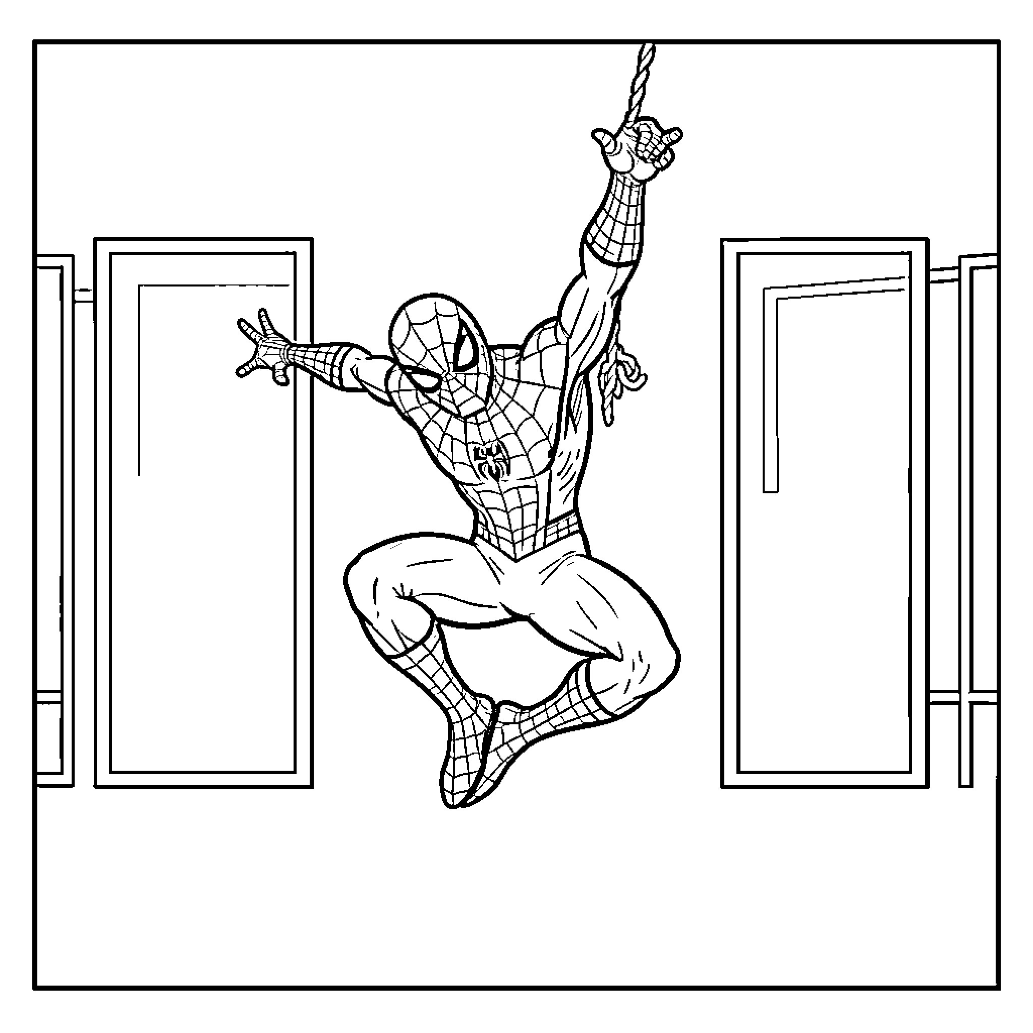 Spiderman swinging through the city Coloring Page (free black-and-white line drawing printable PDF for all, from beginners to advanced learners, including children, teens, adults, and seniors)