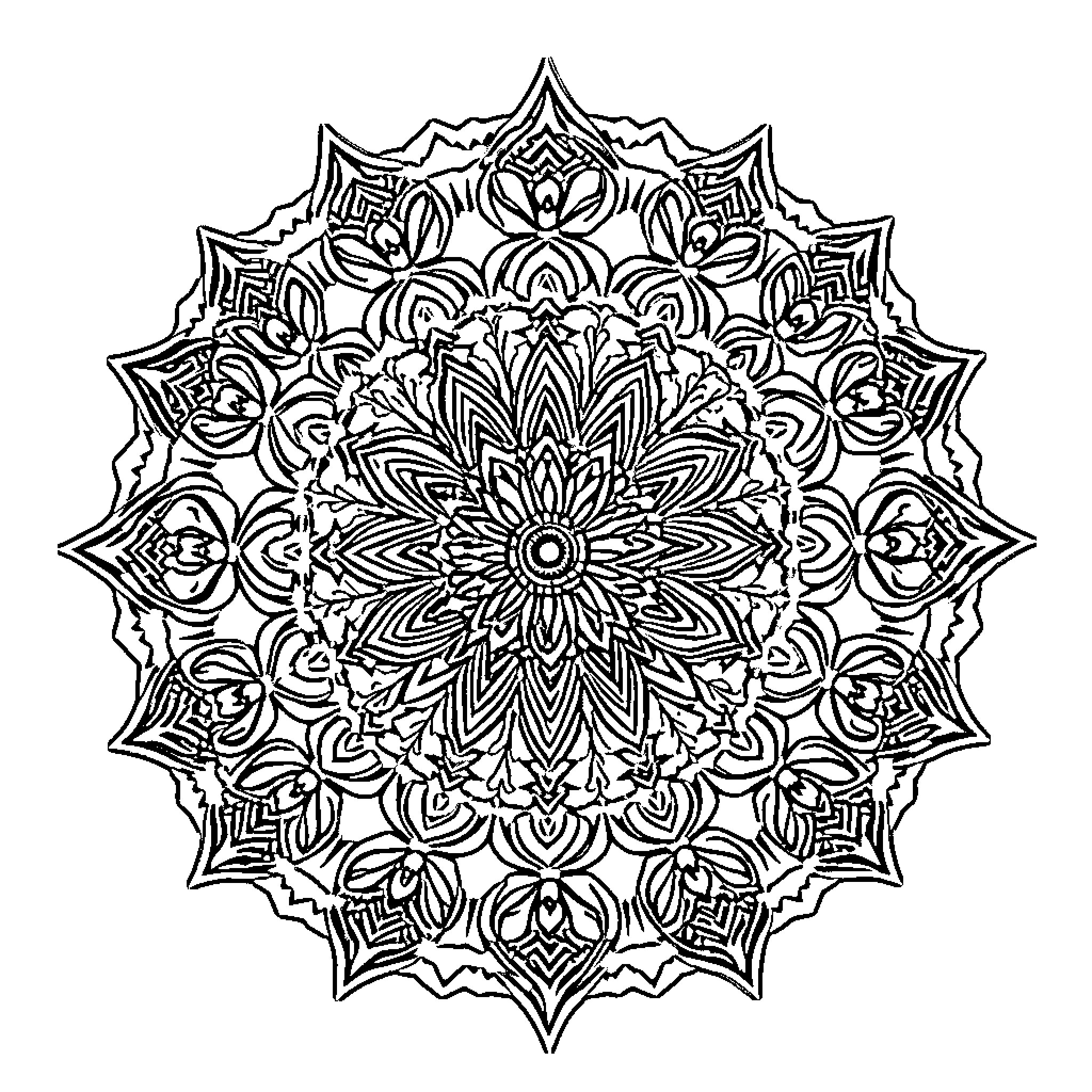 Mandalas with intricate floral designs Coloring Page (free black-and-white line drawing printable PDF for all, from beginners to advanced learners, including children, teens, adults, and seniors)