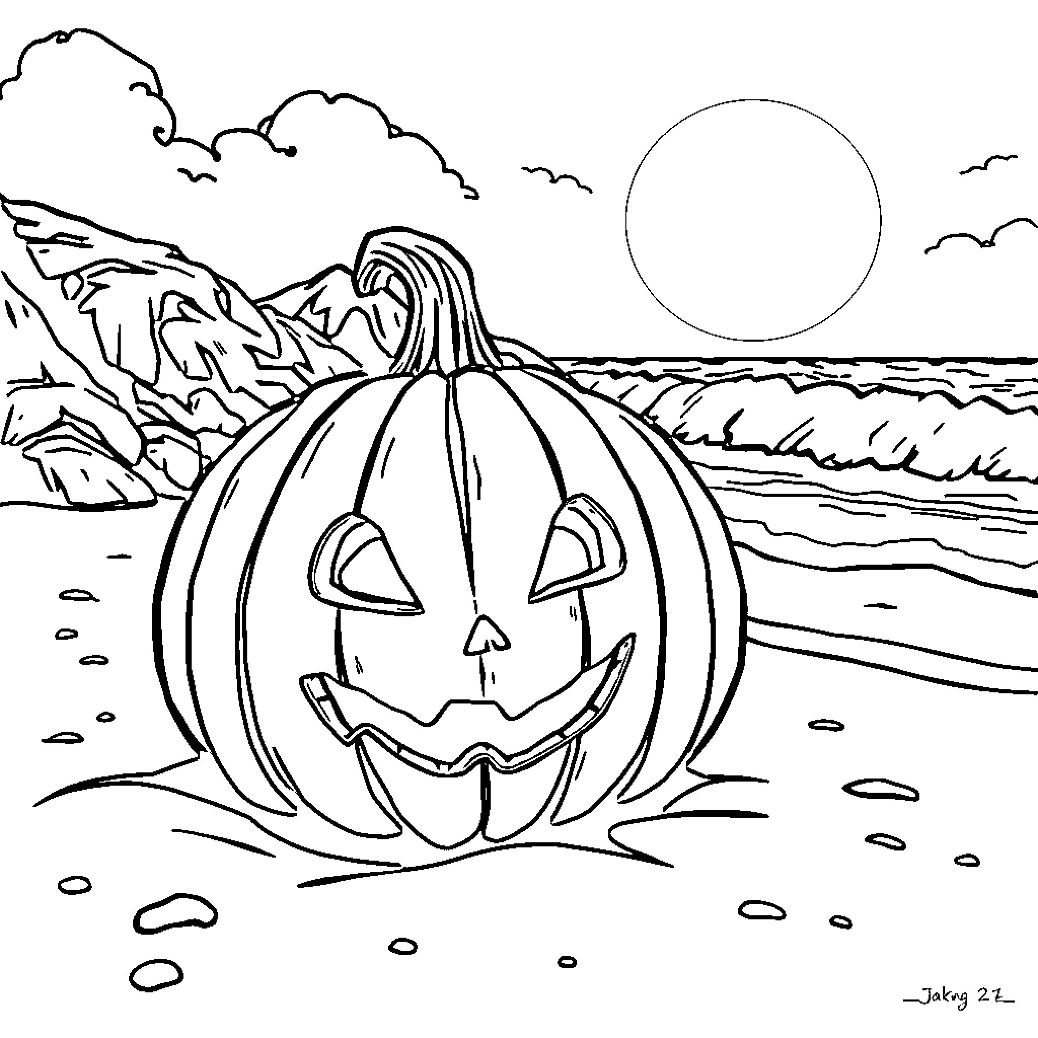 Pumpkin Jack-o'-lantern at the beach Coloring Page (free black-and-white line drawing printable PDF for all, from beginners to advanced learners, including children, teens, adults, and seniors)