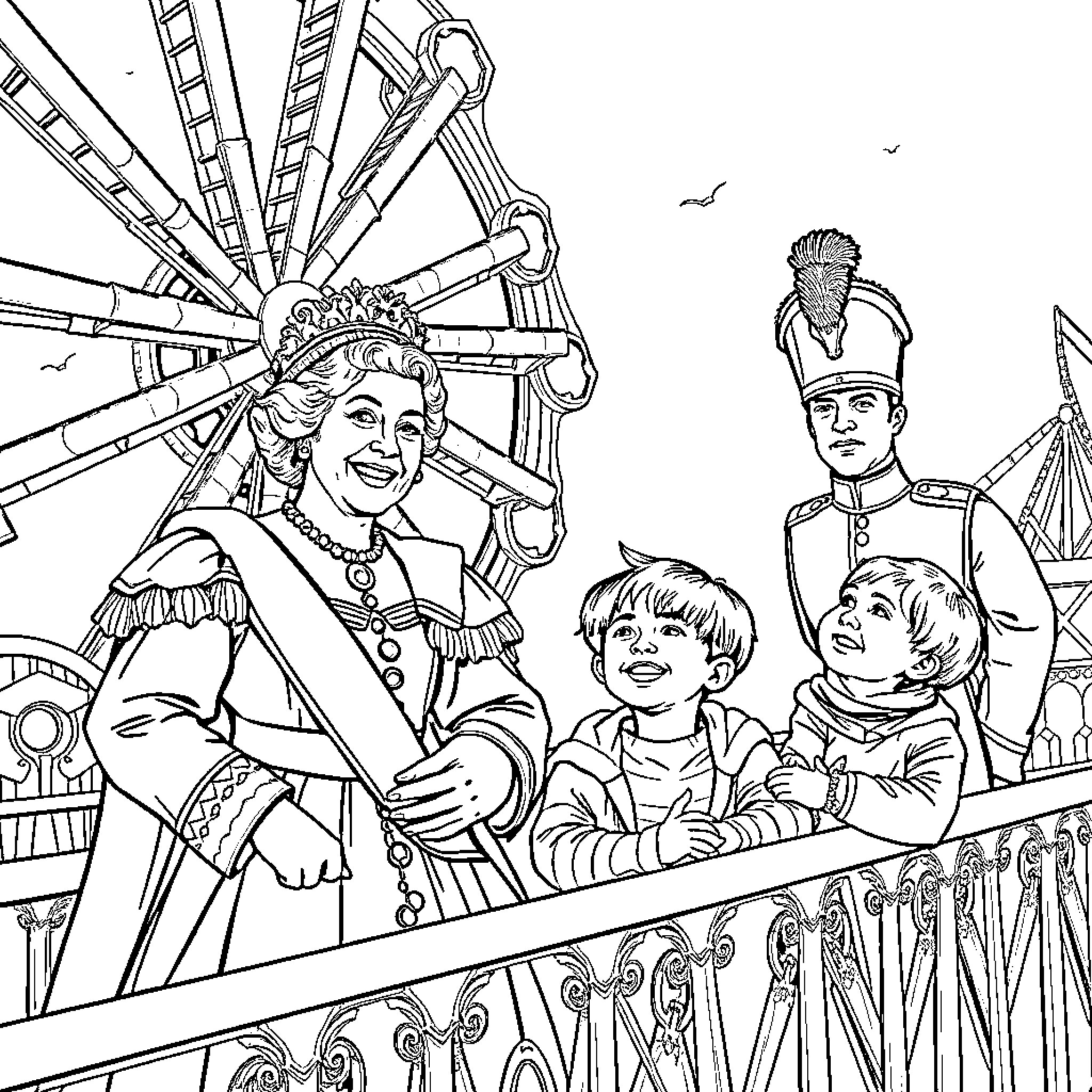Queen Enjoying a Day at the Carnival with Family Coloring Page (free black-and-white line drawing printable PDF for all, from beginners to advanced learners, including children, teens, adults, and seniors)