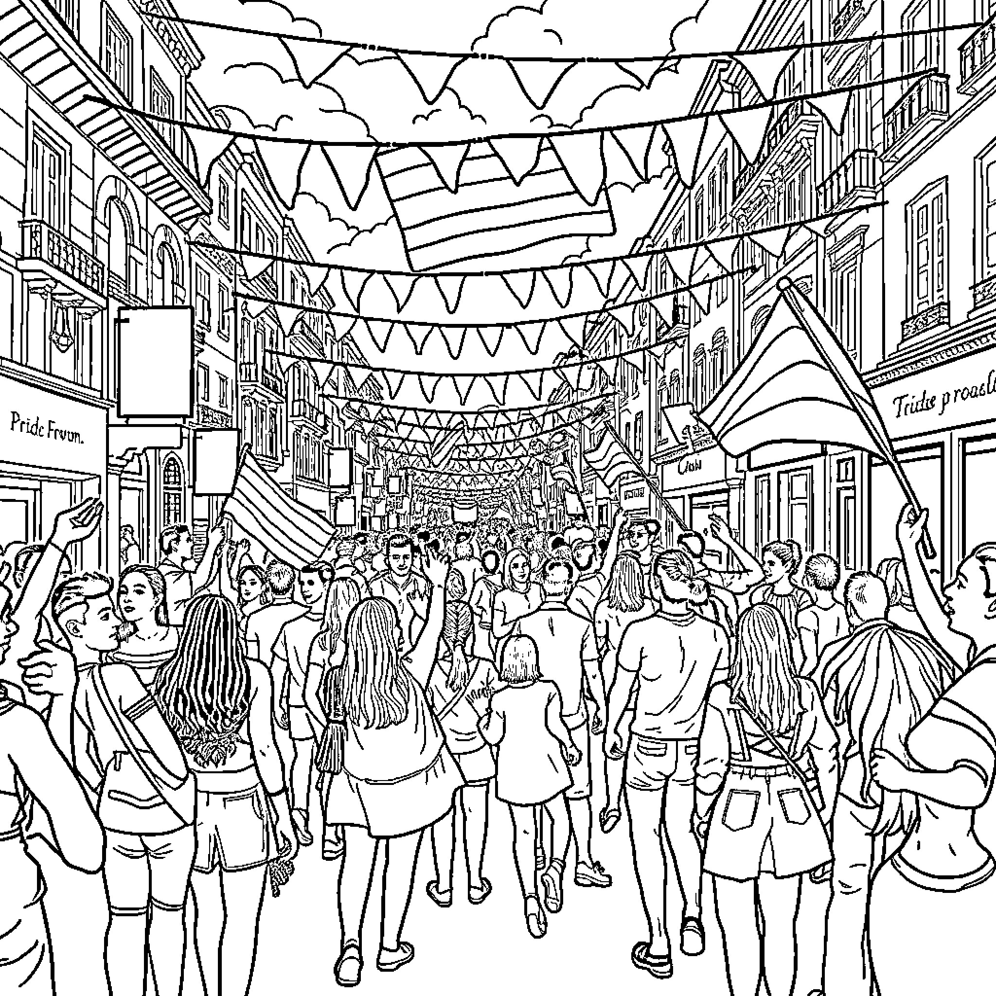 Pride Celebration in the Colorful City Streets Coloring Page (free black-and-white line drawing printable PDF for all, from beginners to advanced learners, including children, teens, adults, and seniors)