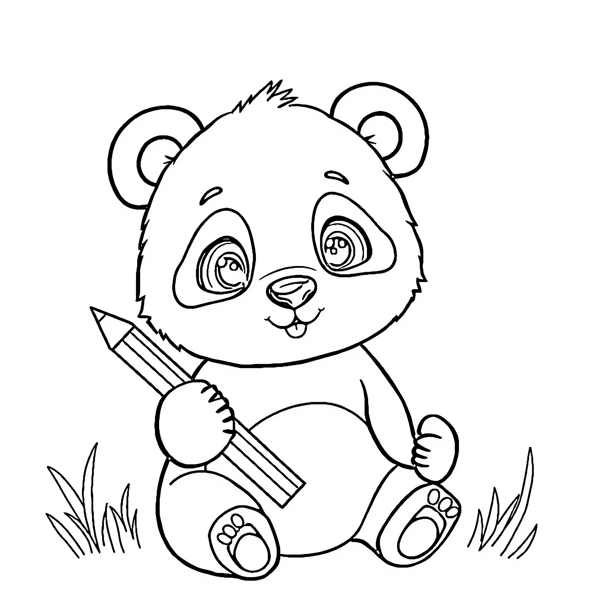 Panda holding a pencil on grass Coloring Page (free black-and-white line drawing printable PDF for all, from beginners to advanced learners, including children, teens, adults, and seniors)