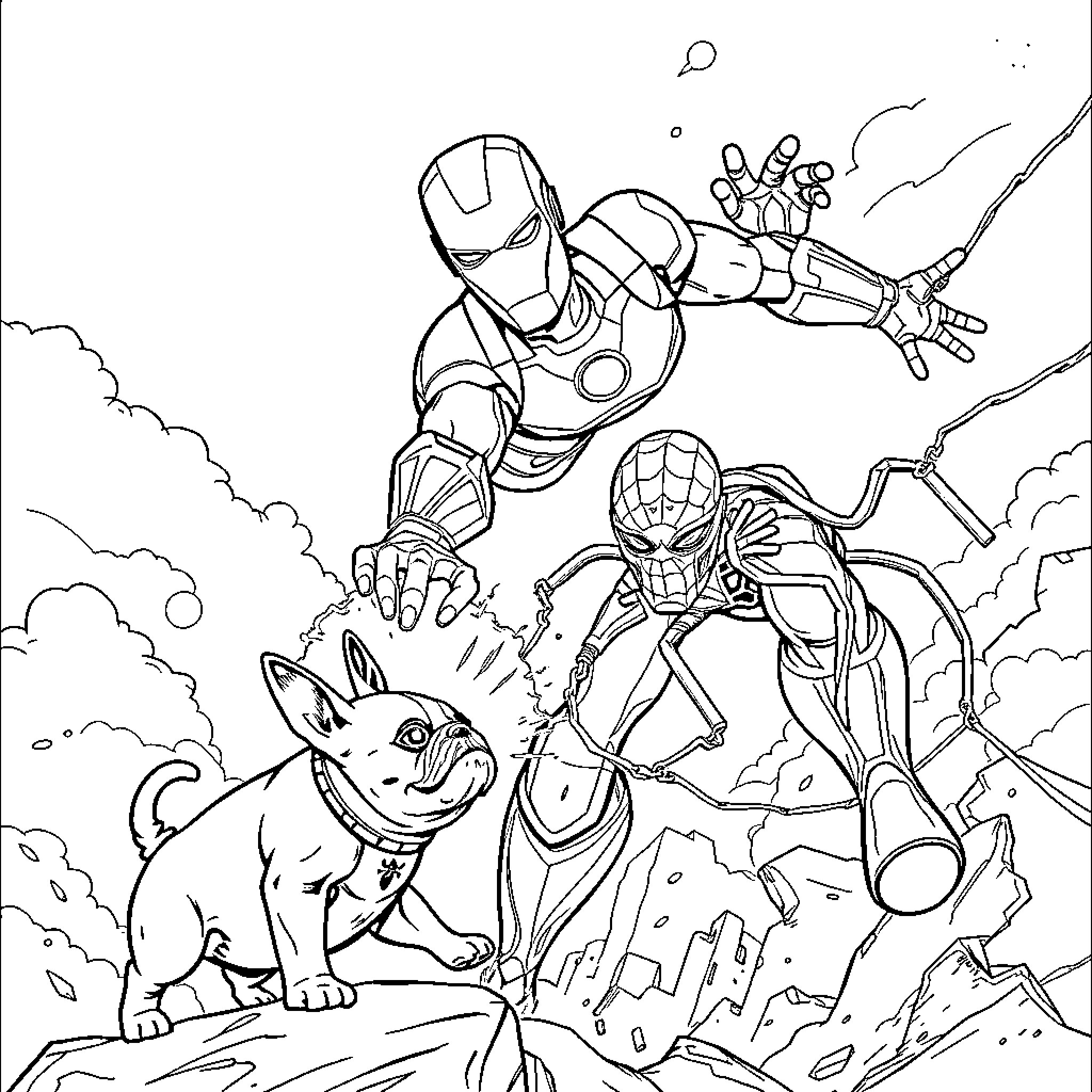 Iron Man and Spider-Man in an action-packed scene Coloring Page (free black-and-white line drawing printable PDF for all, from beginners to advanced learners, including children, teens, adults, and seniors)