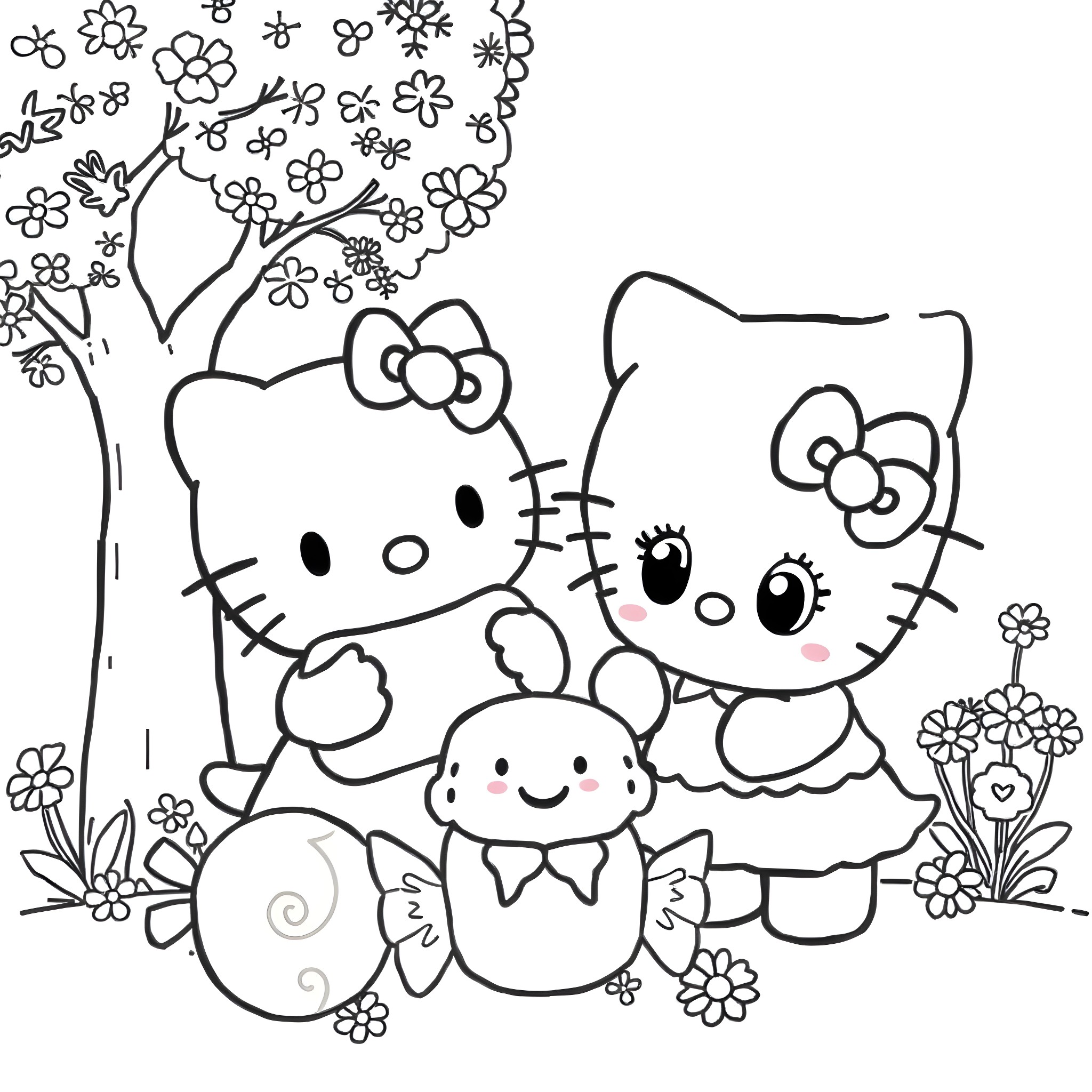 Hello Kitty and Friends Enjoying Nature Coloring Page (free black-and-white line drawing printable PDF for all, from beginners to advanced learners, including children, teens, adults, and seniors)