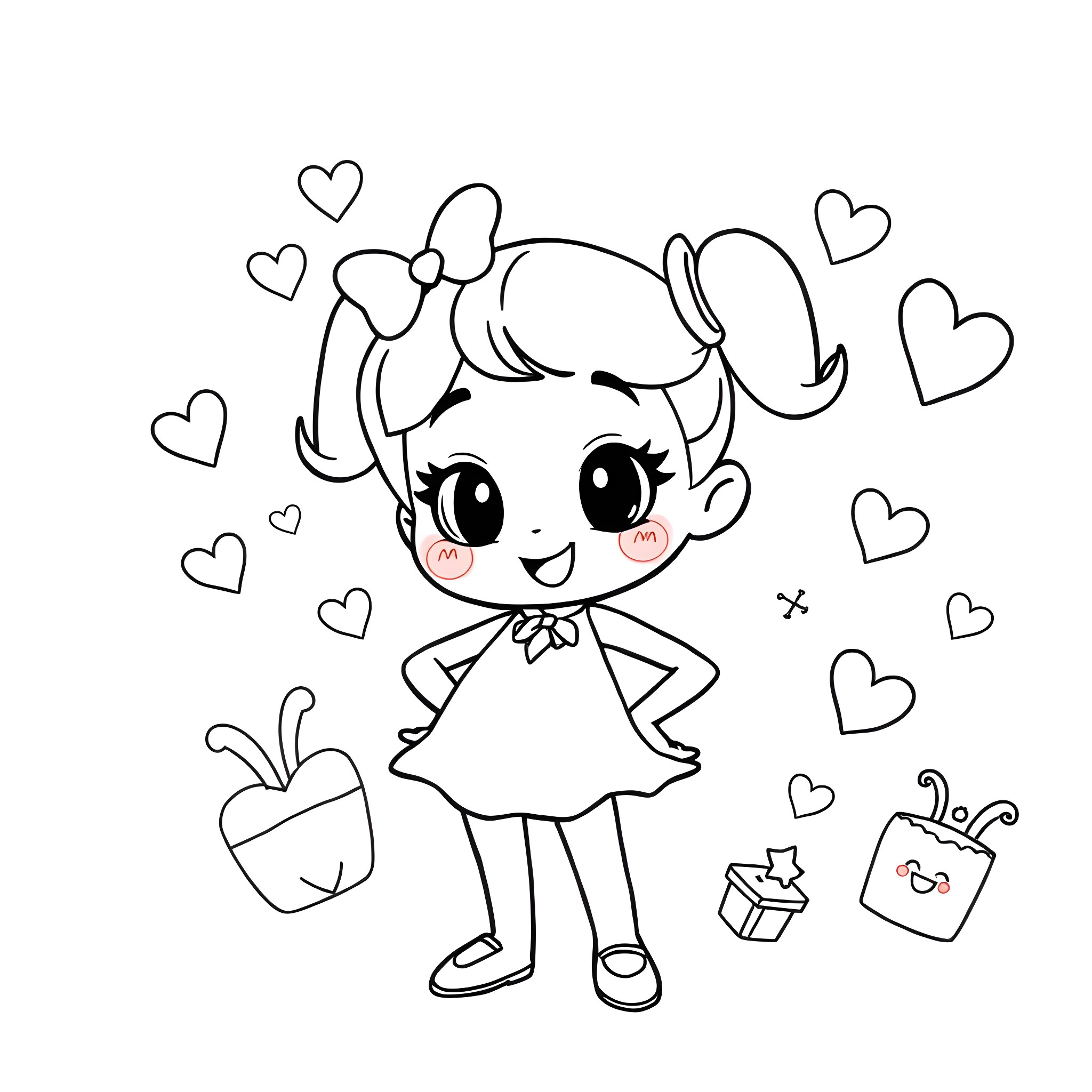 Kyu Cheerful Girl with Hearts and Gifts Coloring Page (free black-and-white line drawing printable PDF for all, from beginners to advanced learners, including children, teens, adults, and seniors)