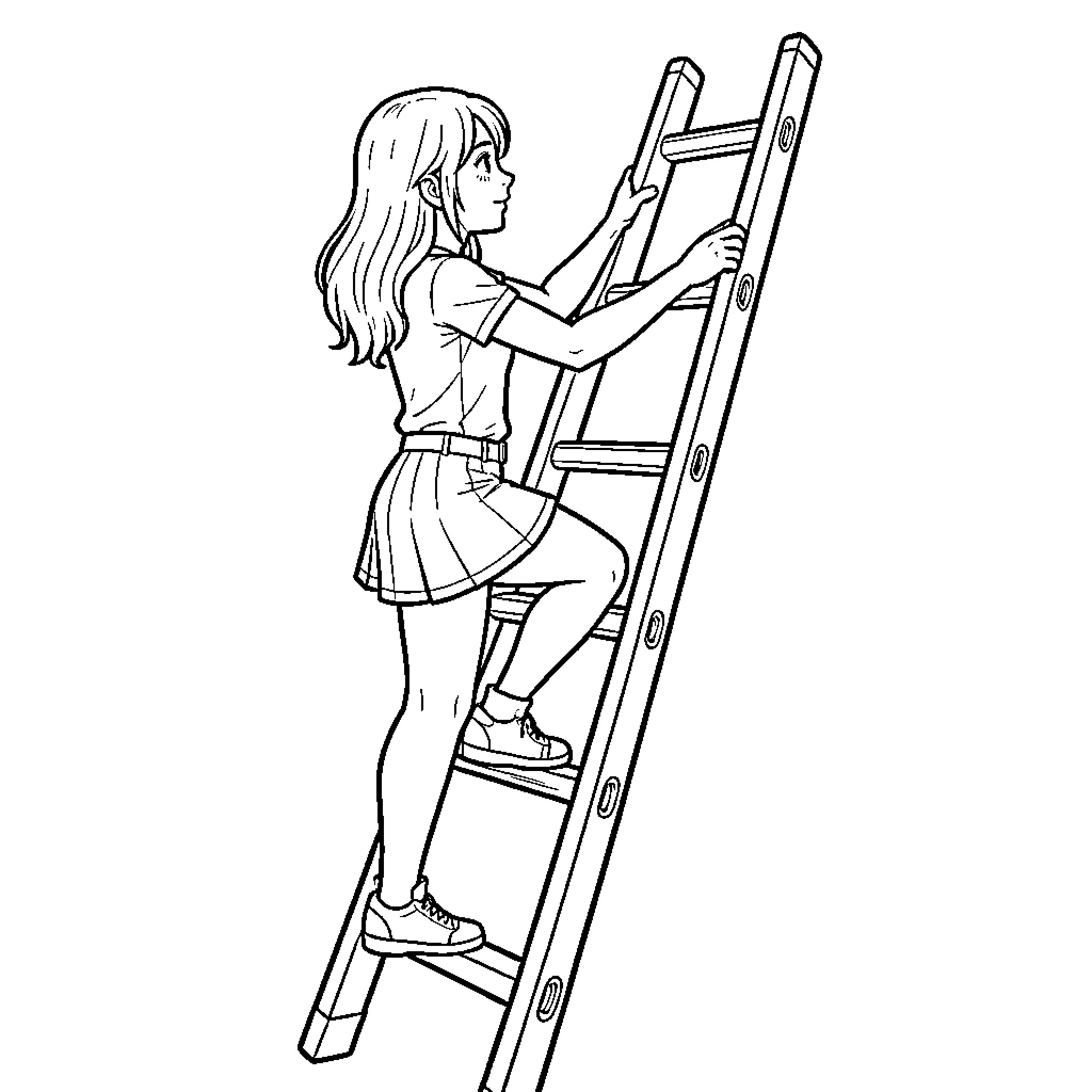 Woman climbing a tall wooden ladder Coloring Page (free black-and-white line drawing printable PDF for all, from beginners to advanced learners, including children, teens, adults, and seniors)