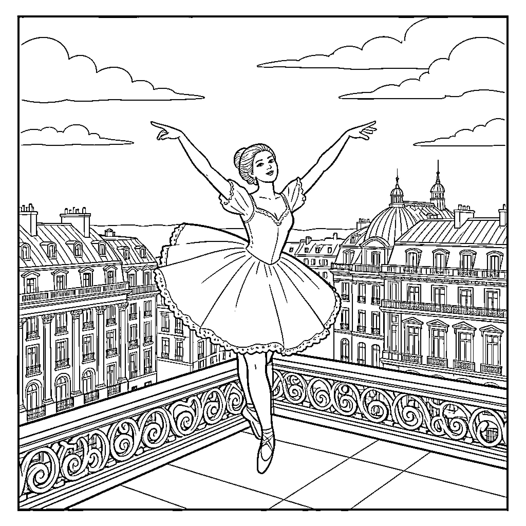 Dancer performing gracefully on a Parisian balcony Coloring Page (free black-and-white line drawing printable PDF for all, from beginners to advanced learners, including children, teens, adults, and seniors)