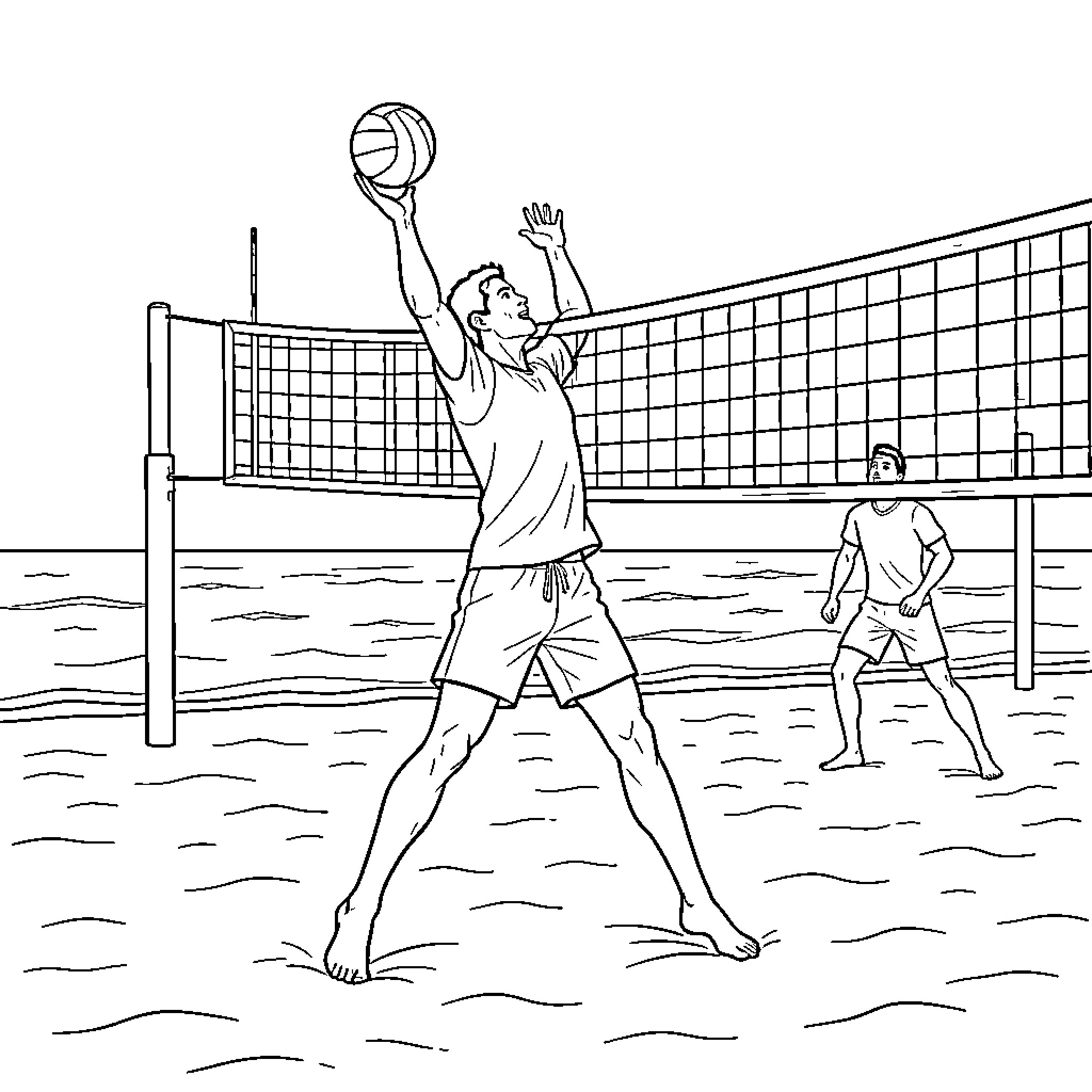 Ronaldo spiking a volleyball on a sandy beach Coloring Page (free black-and-white line drawing printable PDF for all, from beginners to advanced learners, including children, teens, adults, and seniors)