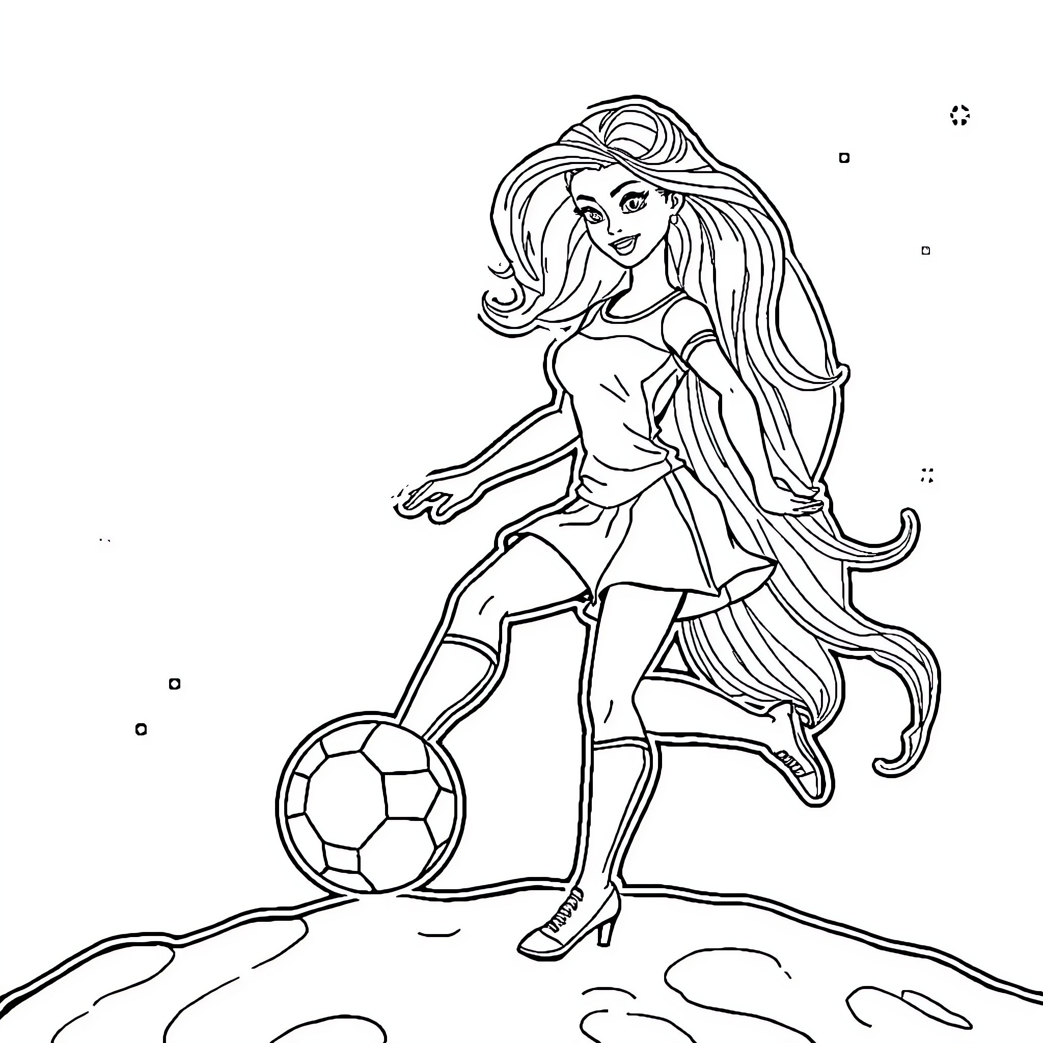 Barbie playing soccer on a field Coloring Page (free black-and-white line drawing printable PDF for all, from beginners to advanced learners, including children, teens, adults, and seniors)