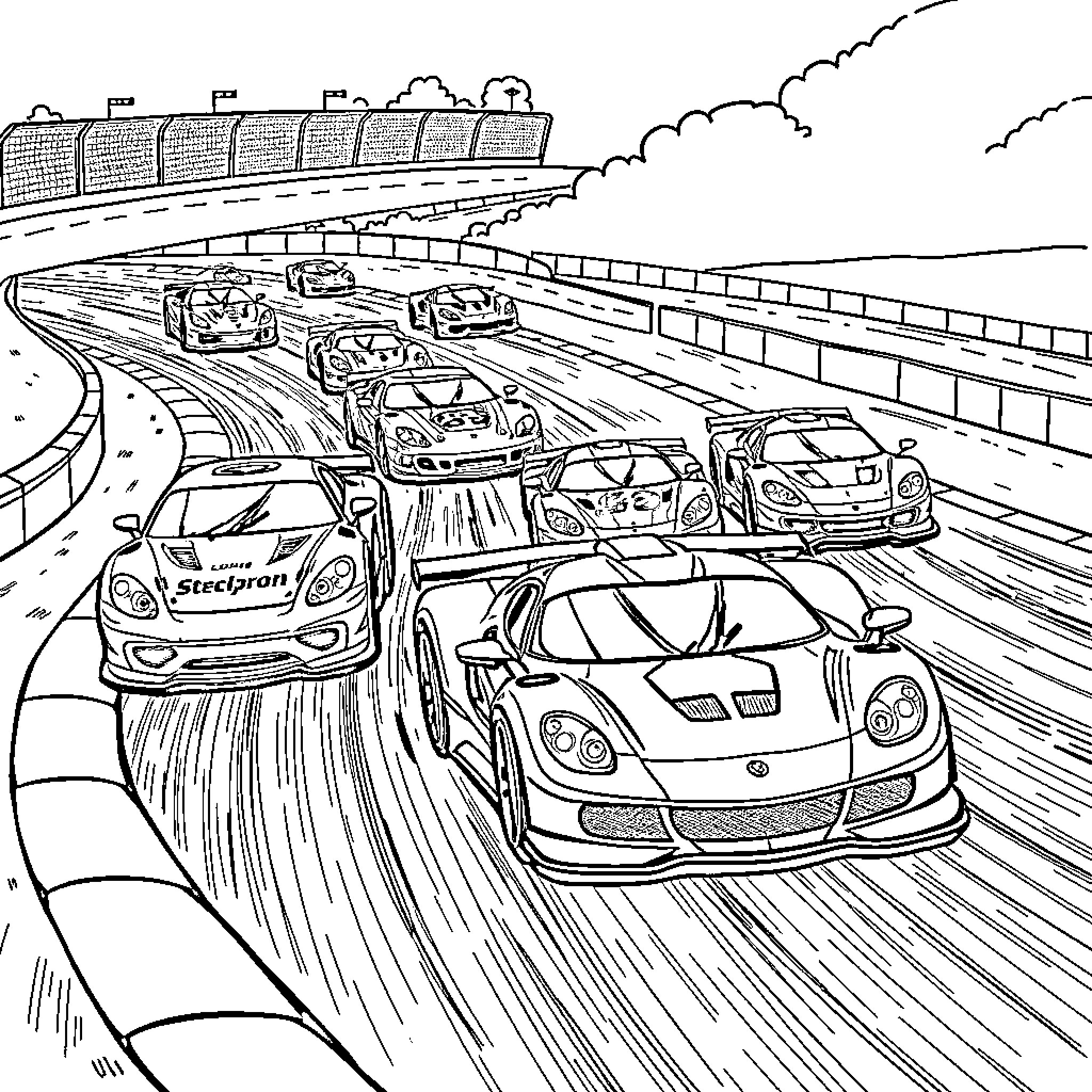 Car race on the highway with speeding vehicles Coloring Page (free black-and-white line drawing printable PDF for all, from beginners to advanced learners, including children, teens, adults, and seniors)