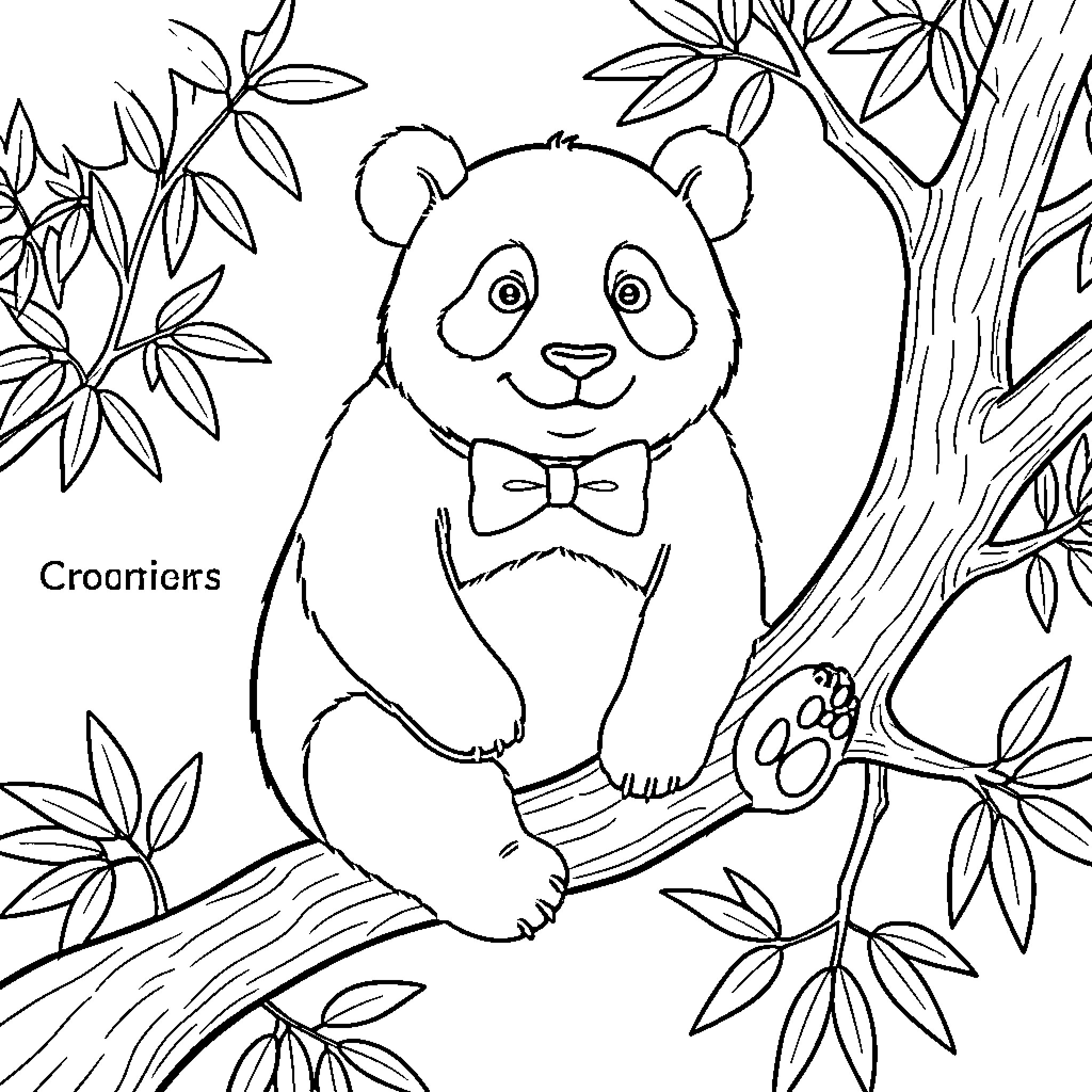 Panda wearing a bow tie sitting on a tree branch Coloring Page (free black-and-white line drawing printable PDF for all, from beginners to advanced learners, including children, teens, adults, and seniors)