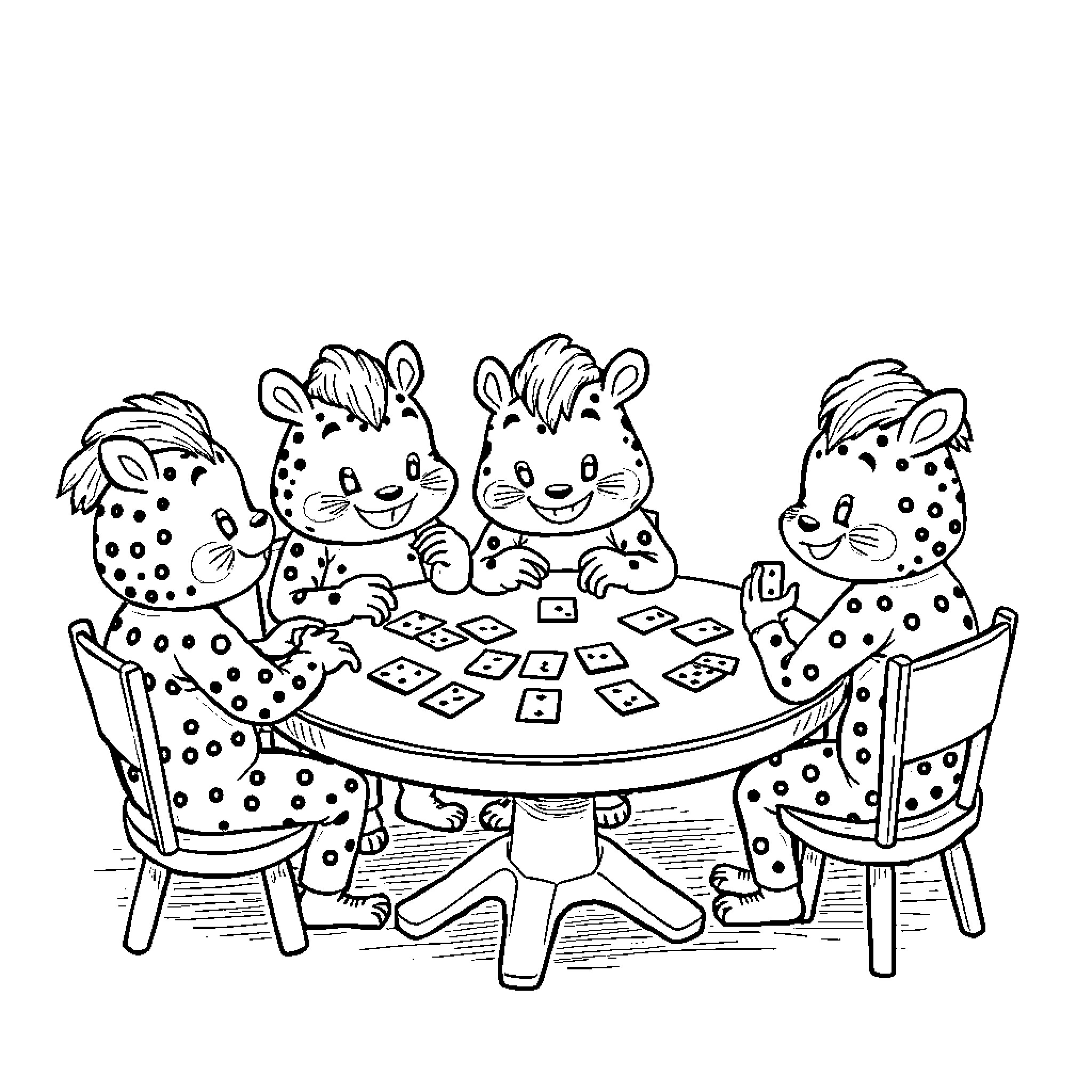 Labubu Bunnies Playing Cards at the Table Coloring Page (free black-and-white line drawing printable PDF for all, from beginners to advanced learners, including children, teens, adults, and seniors)