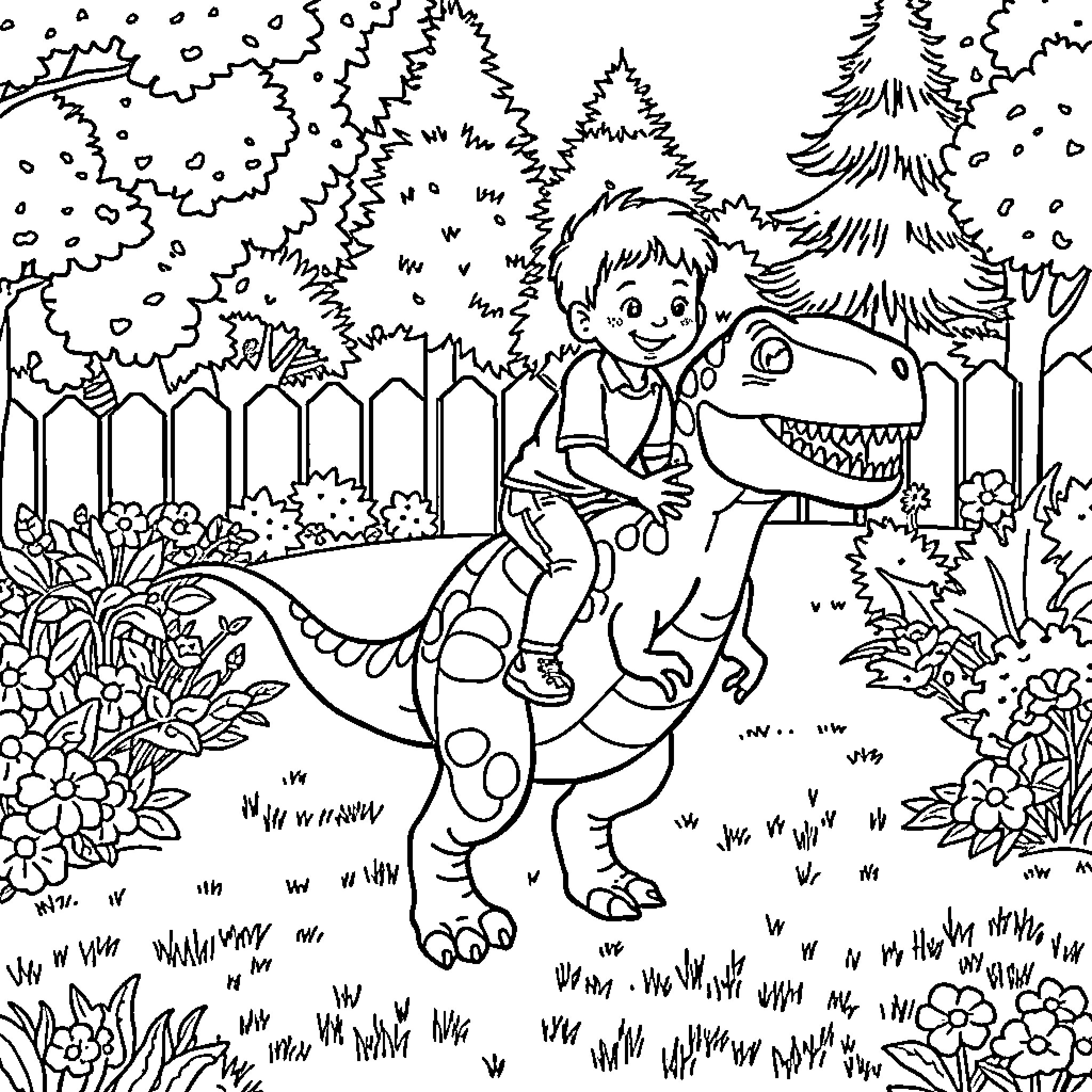 Boy riding a friendly dinosaur in the forest Coloring Page (free black-and-white line drawing printable PDF for all, from beginners to advanced learners, including children, teens, adults, and seniors)
