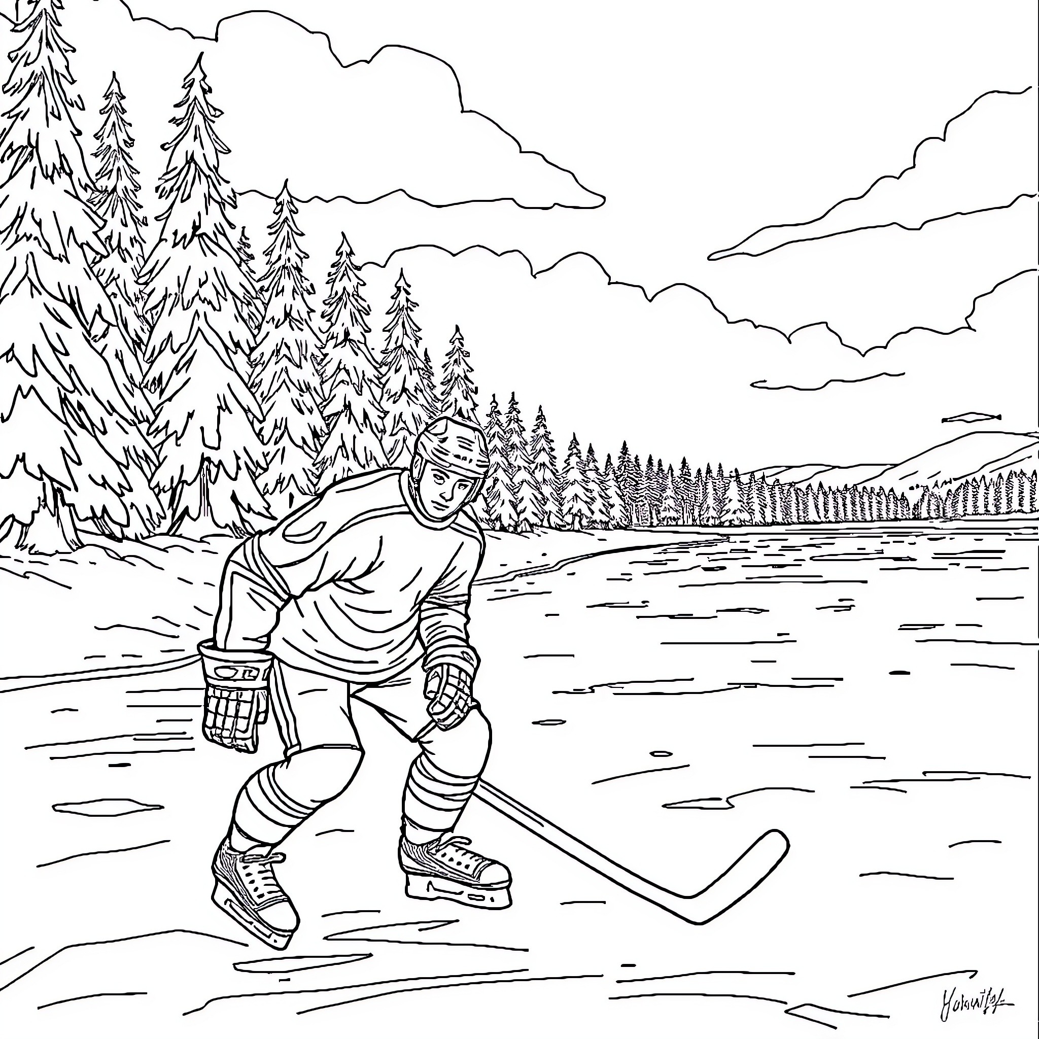 Underdog ice hockey player on frozen lake Coloring Page (free black-and-white line drawing printable PDF for all, from beginners to advanced learners, including children, teens, adults, and seniors)