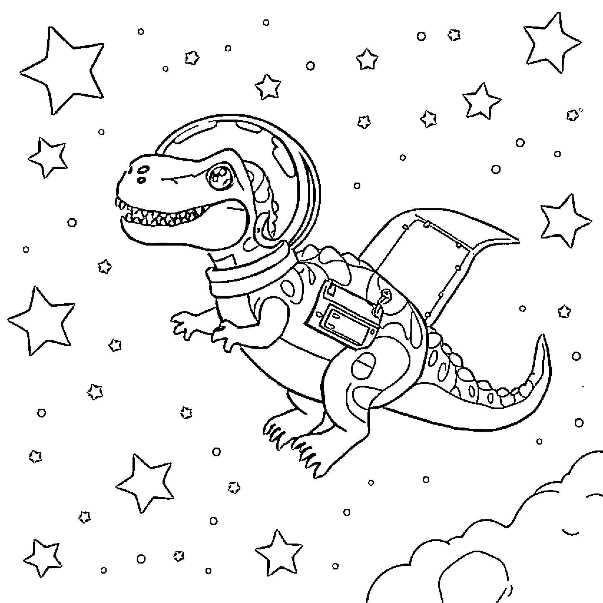Dinosaur exploring the starry night sky Coloring Page (free black-and-white line drawing printable PDF for all, from beginners to advanced learners, including children, teens, adults, and seniors)