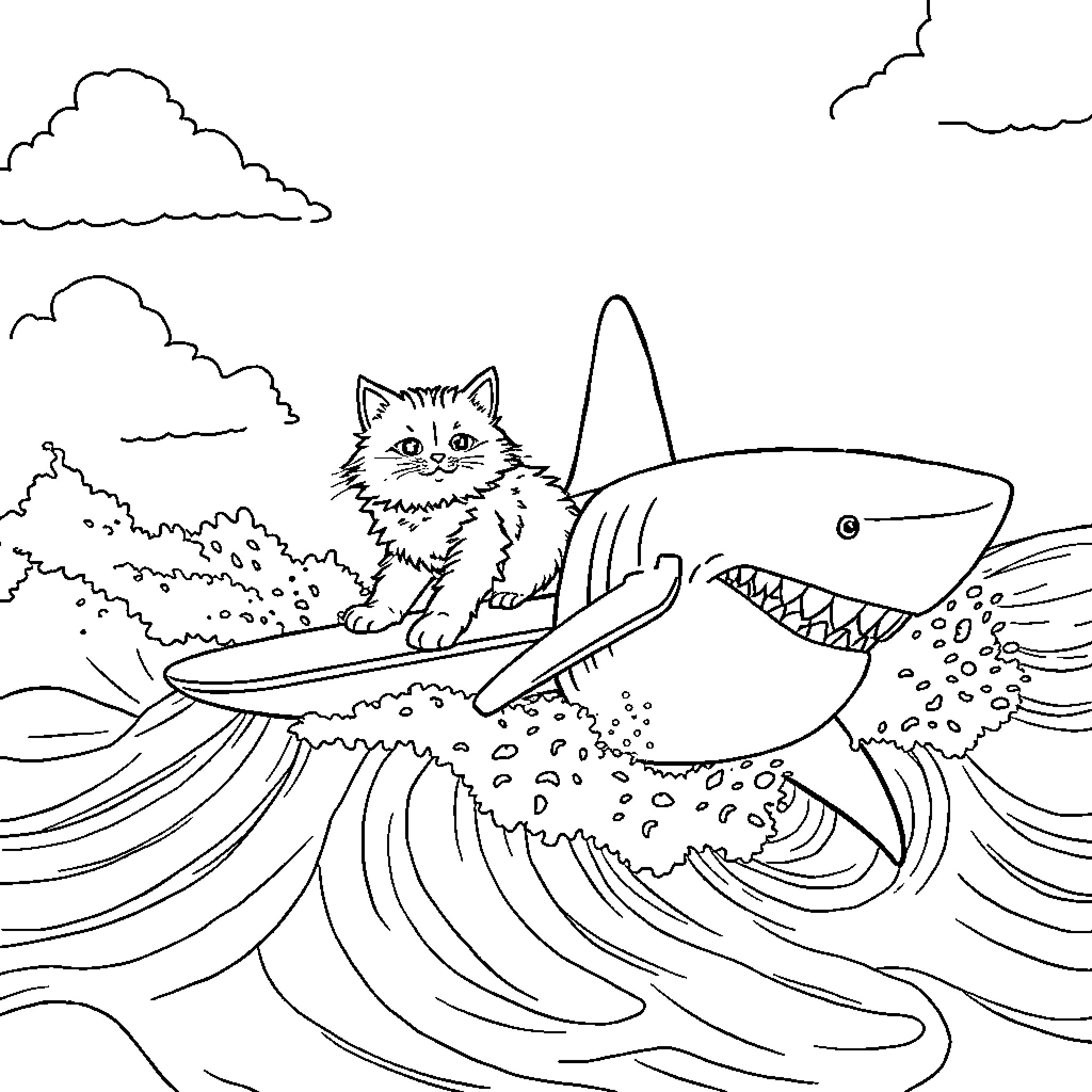 Cat curious about the shark in the ocean Coloring Page (free black-and-white line drawing printable PDF for all, from beginners to advanced learners, including children, teens, adults, and seniors)