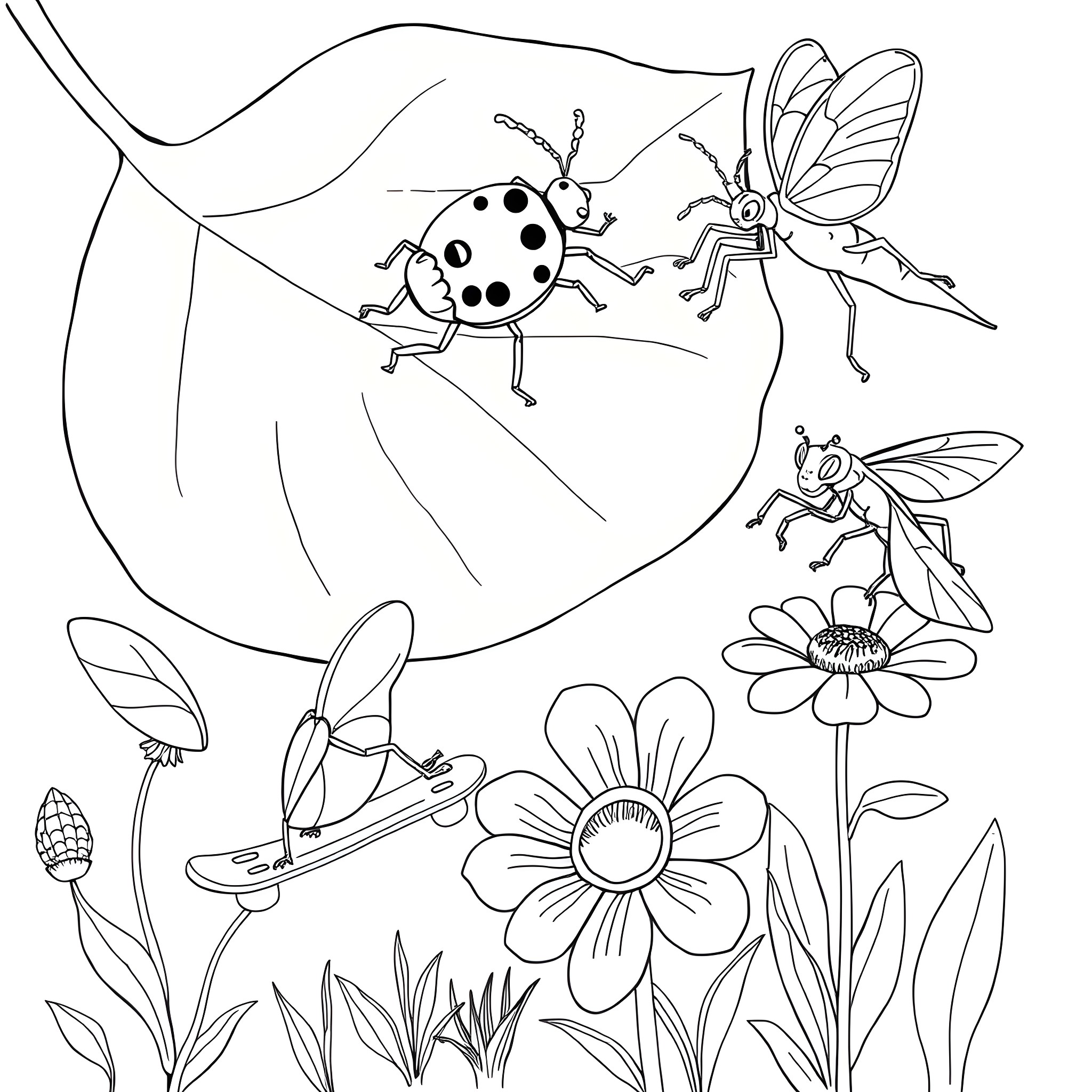 Bug friends exploring nature's wonders Coloring Page (free black-and-white line drawing printable PDF for all, from beginners to advanced learners, including children, teens, adults, and seniors)