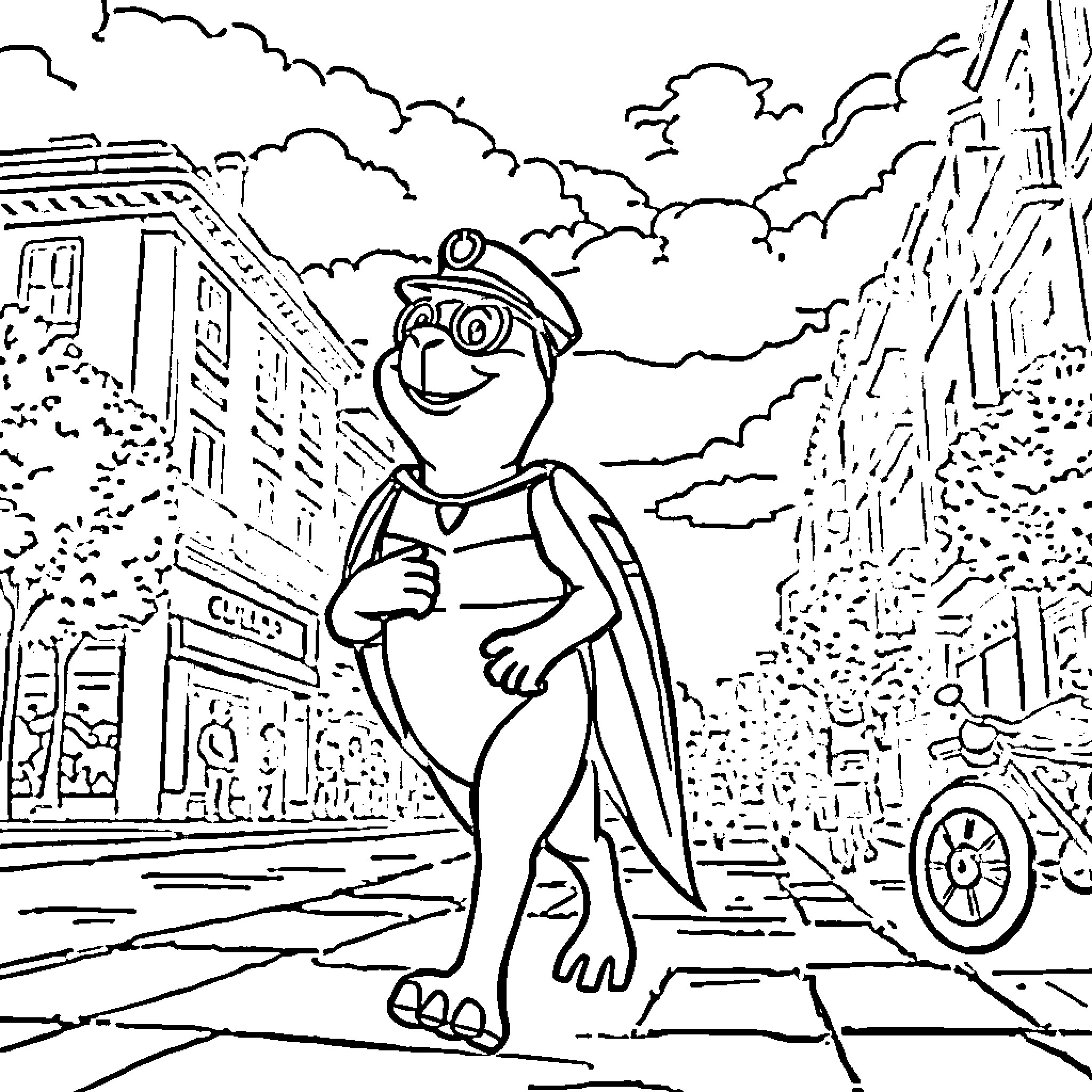 Paw Patrol character in a city environment Coloring Page (free black-and-white line drawing printable PDF for all, from beginners to advanced learners, including children, teens, adults, and seniors)