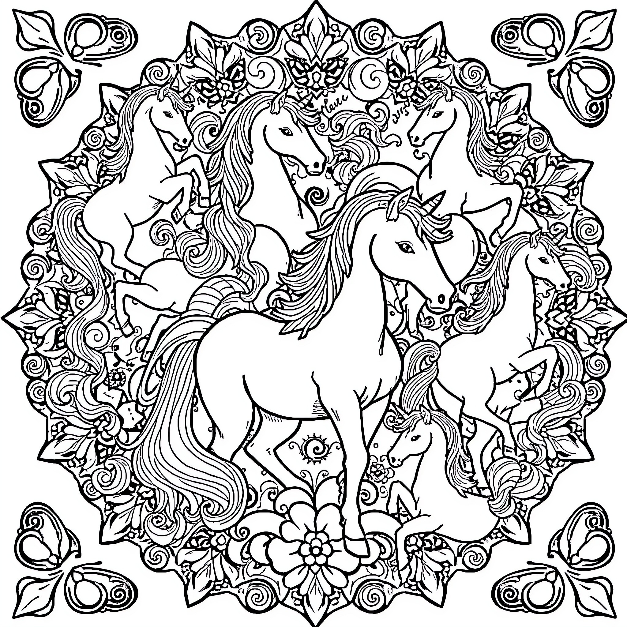 Unicorn Enchanted Forest Mandala Coloring Page (free black-and-white line drawing printable PDF for all, from beginners to advanced learners, including children, teens, adults, and seniors)