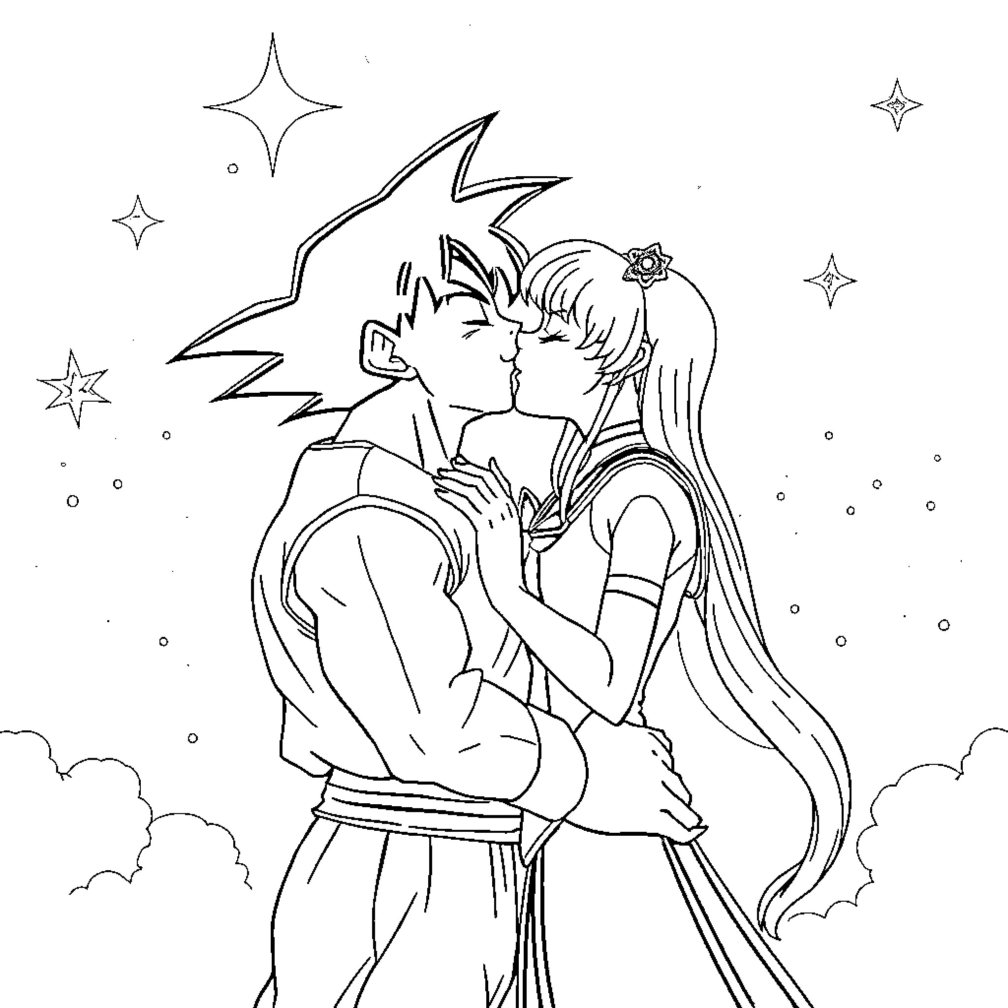 Piccolo Couple's Intimate Embrace Under Starry Sky Coloring Page (free black-and-white line drawing printable PDF for all, from beginners to advanced learners, including children, teens, adults, and seniors)