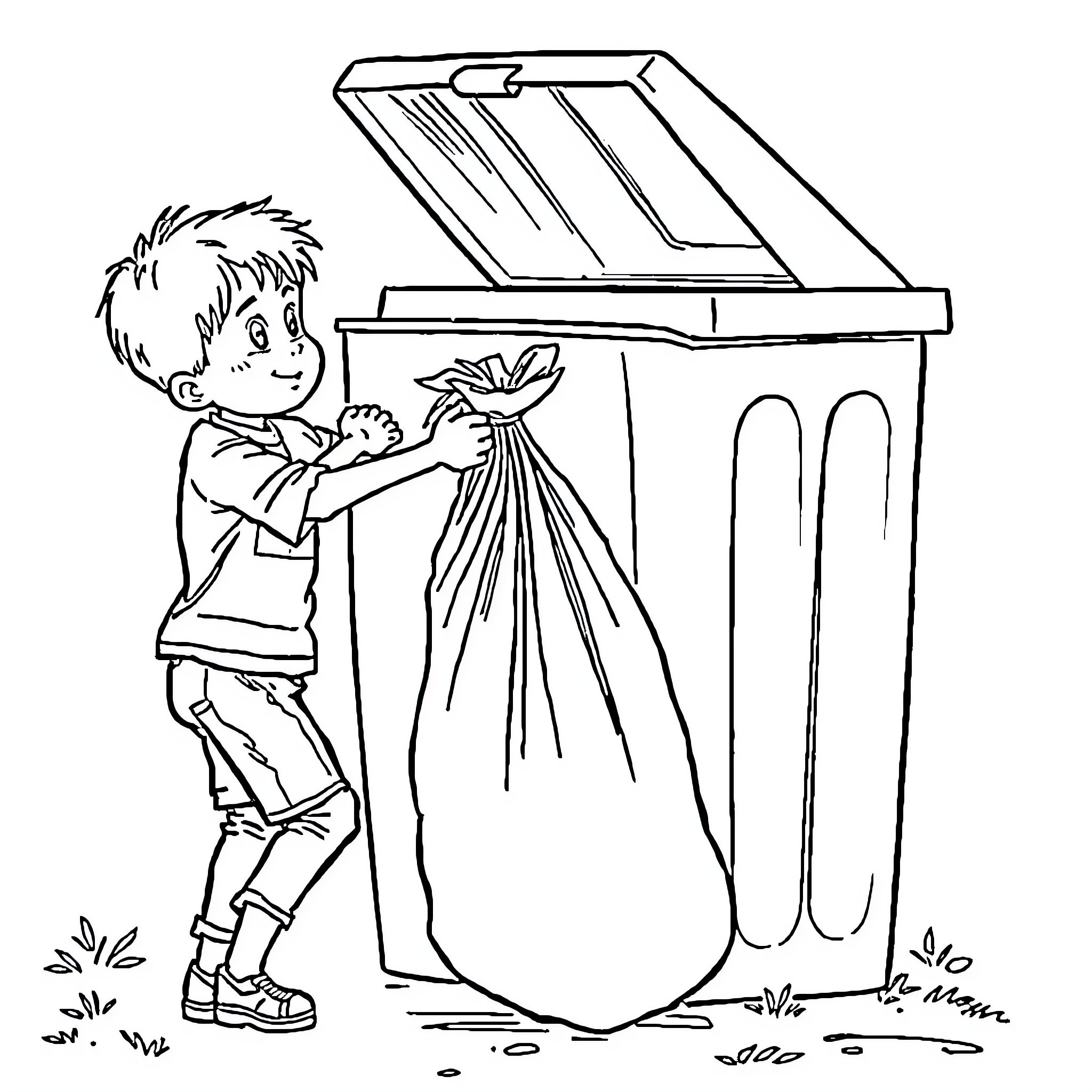 Boy tossing garbage into recycling bin Coloring Page (free black-and-white line drawing printable PDF for all, from beginners to advanced learners, including children, teens, adults, and seniors)