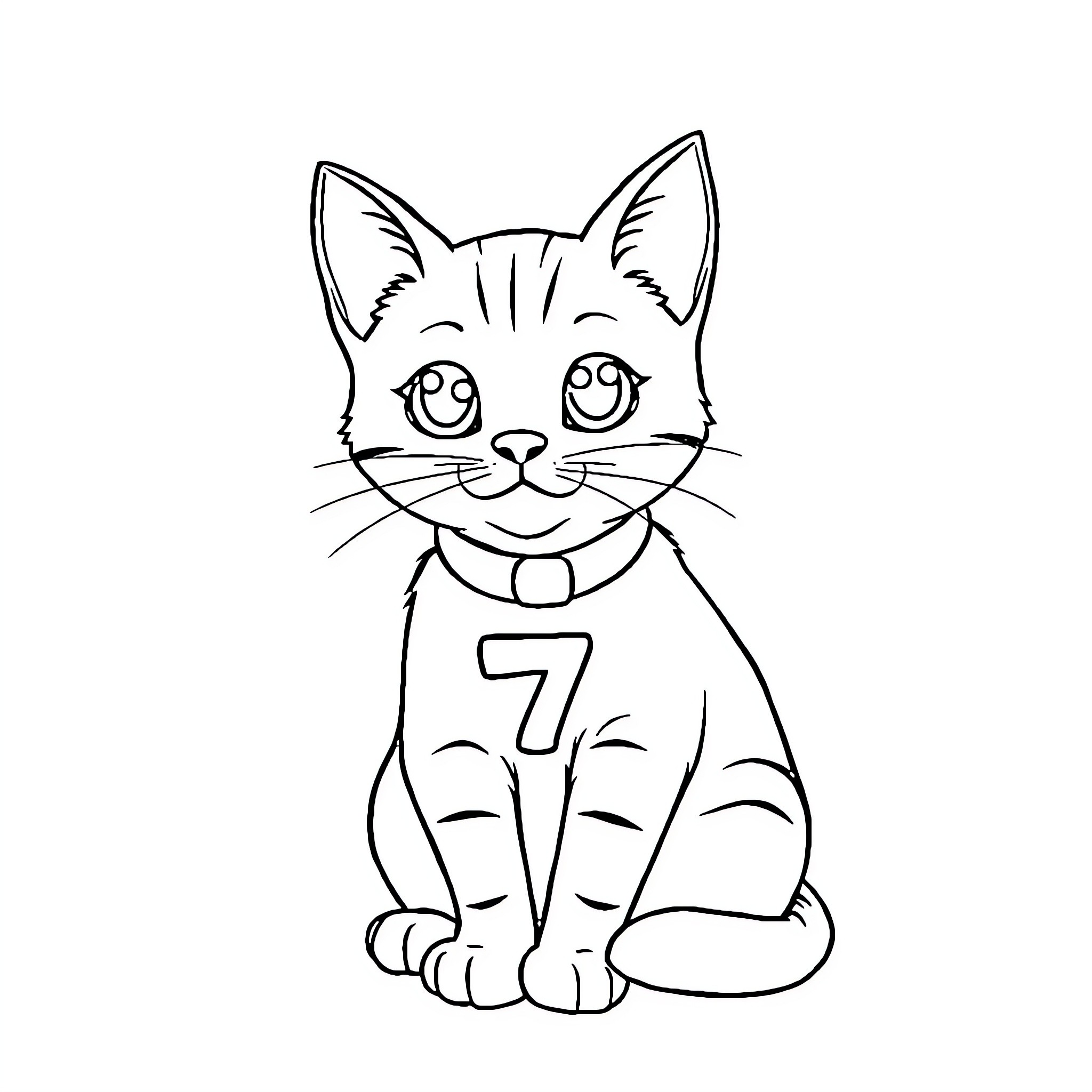 Cat wearing a number 7 collar Coloring Page (free black-and-white line drawing printable PDF for all, from beginners to advanced learners, including children, teens, adults, and seniors)
