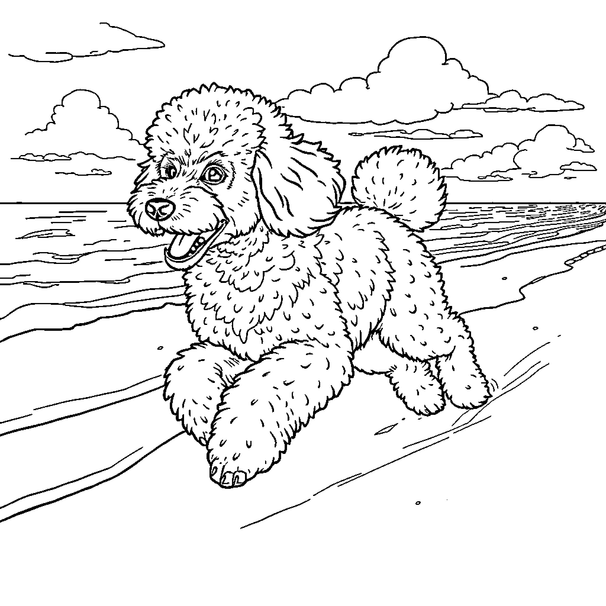 Poodle playing joyfully on the beach Coloring Page (free black-and-white line drawing printable PDF for all, from beginners to advanced learners, including children, teens, adults, and seniors)