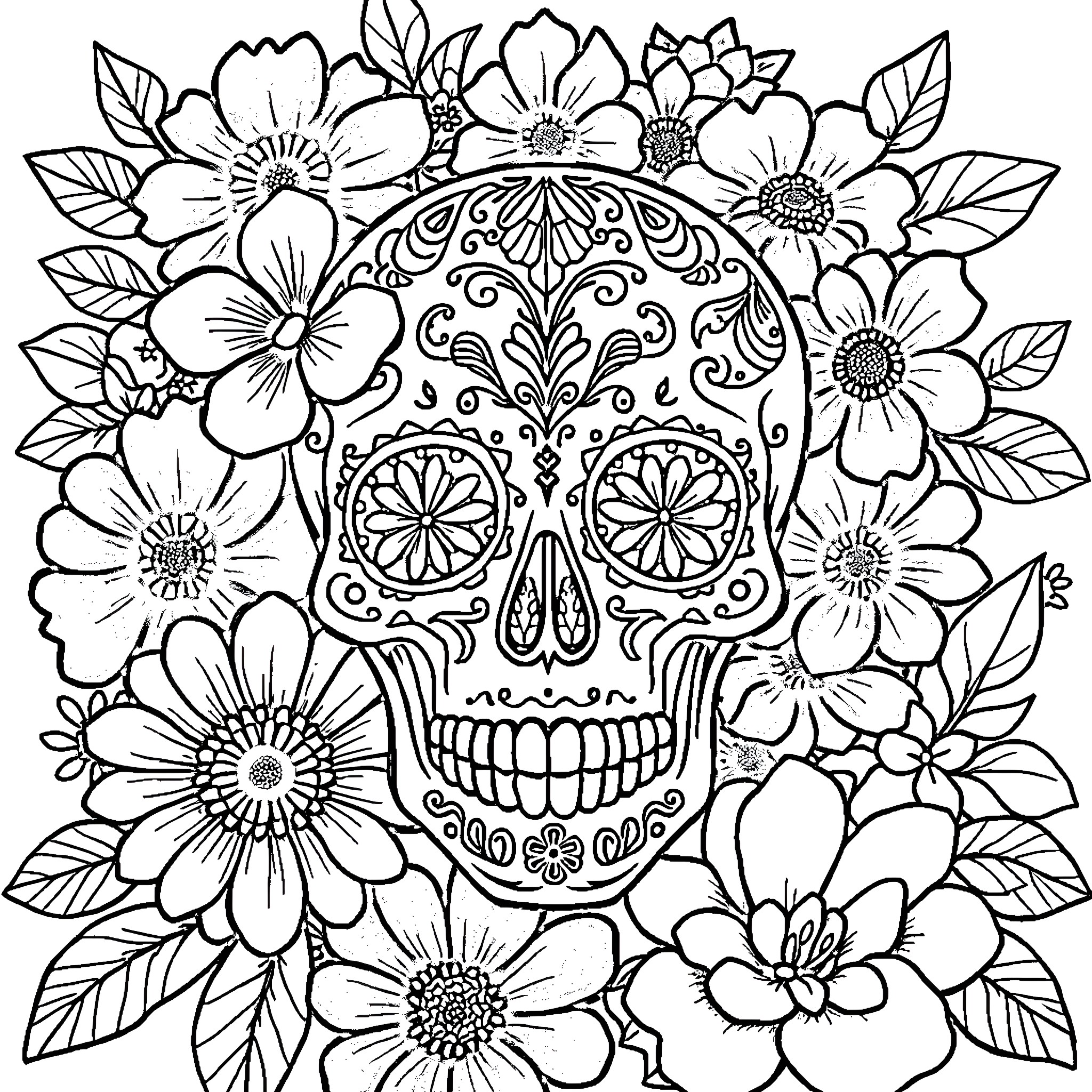 Sugar Skull with Floral Surroundings Coloring Page (free black-and-white line drawing printable PDF for all, from beginners to advanced learners, including children, teens, adults, and seniors)