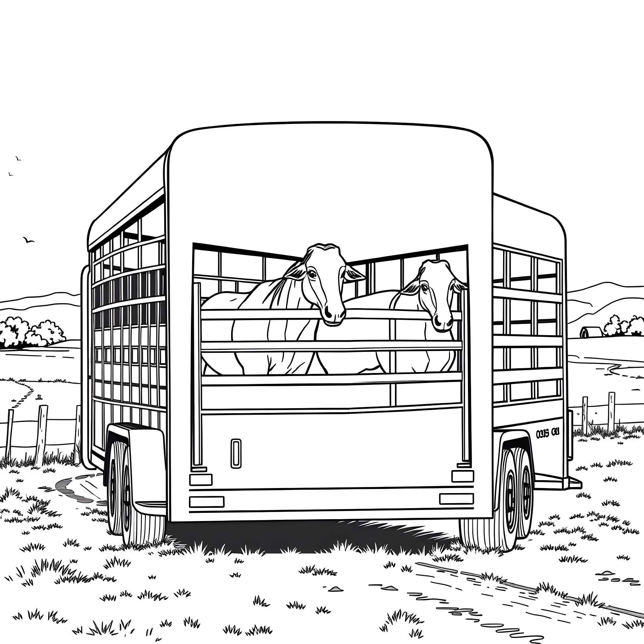 Gooseneck Trailer with Cows in the Countryside Coloring Page (free black-and-white line drawing printable PDF for all, from beginners to advanced learners, including children, teens, adults, and seniors)