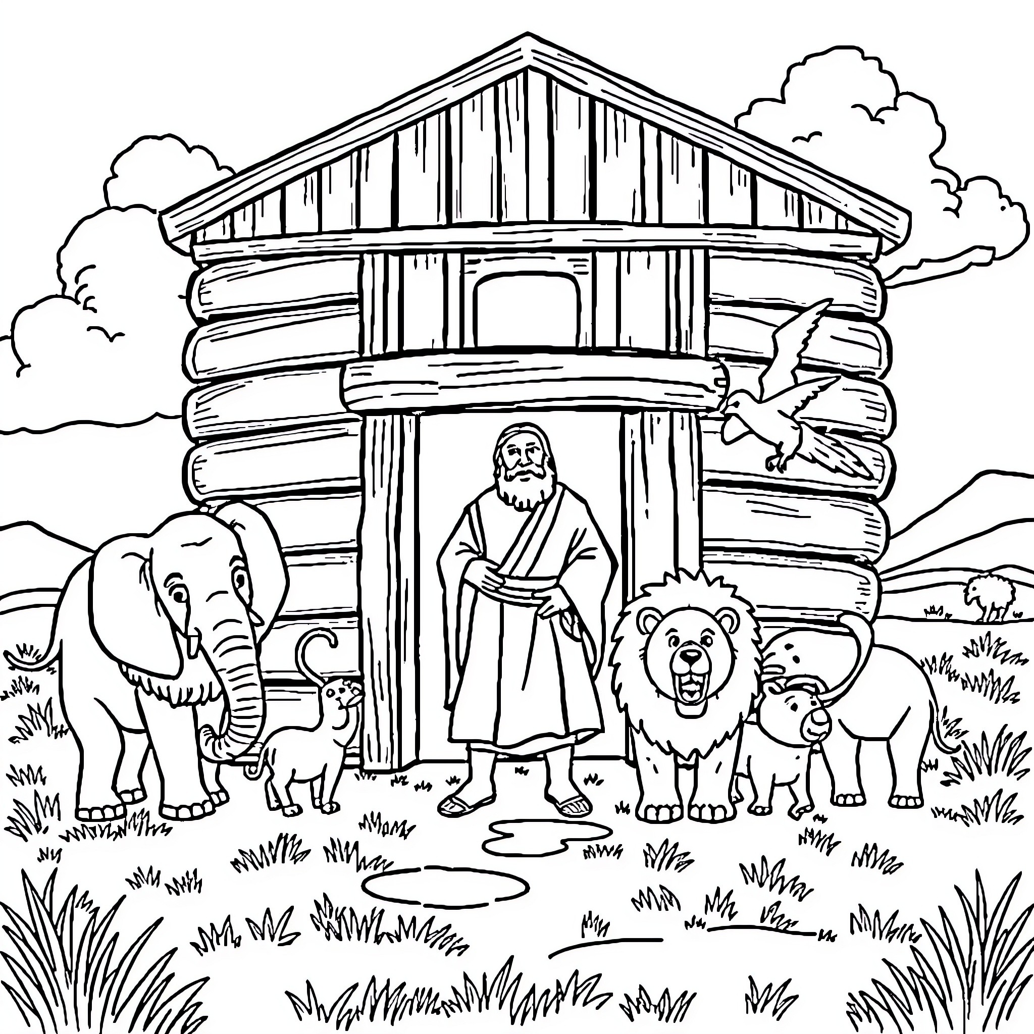 Noah and the Animals Gathered at the Ark Coloring Page (free black-and-white line drawing printable PDF for all, from beginners to advanced learners, including children, teens, adults, and seniors)