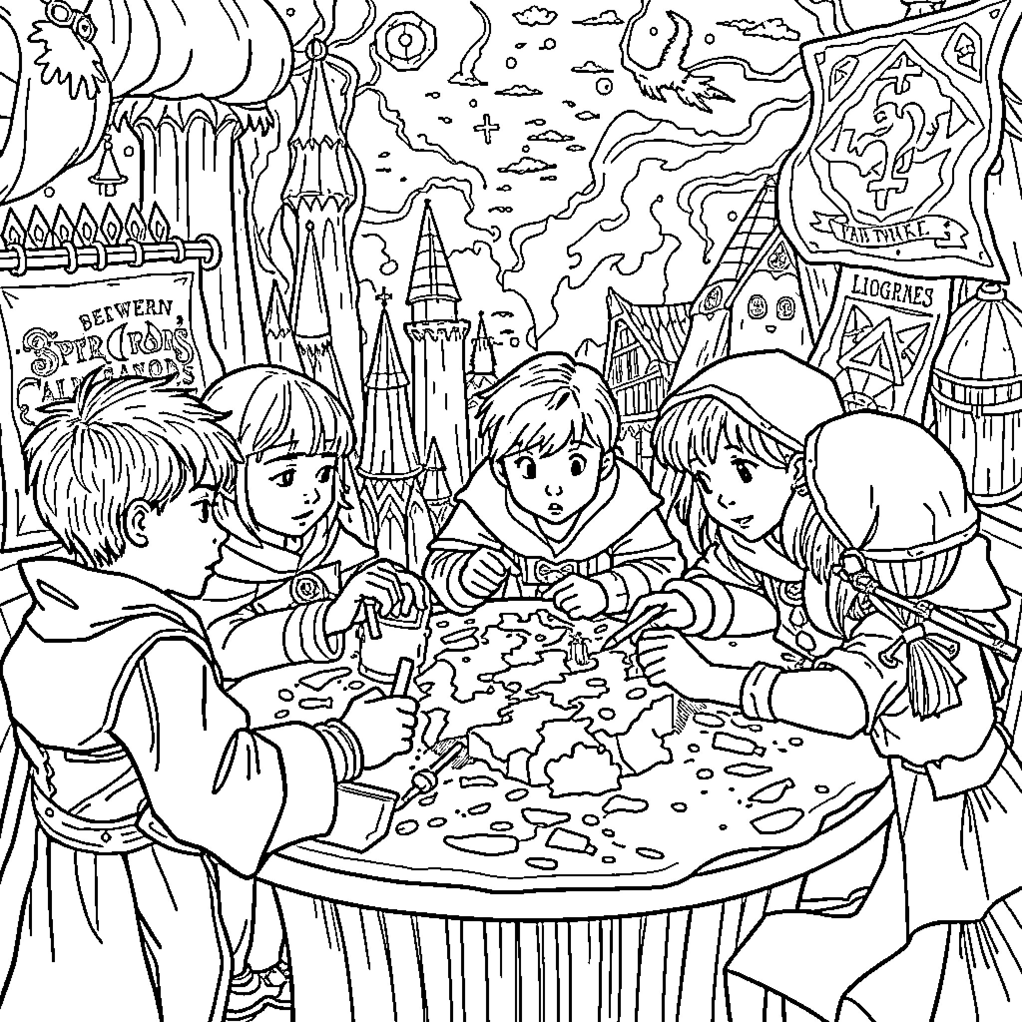 Kid Playing with Friends in Magical Land Coloring Page (free black-and-white line drawing printable PDF for all, from beginners to advanced learners, including children, teens, adults, and seniors)