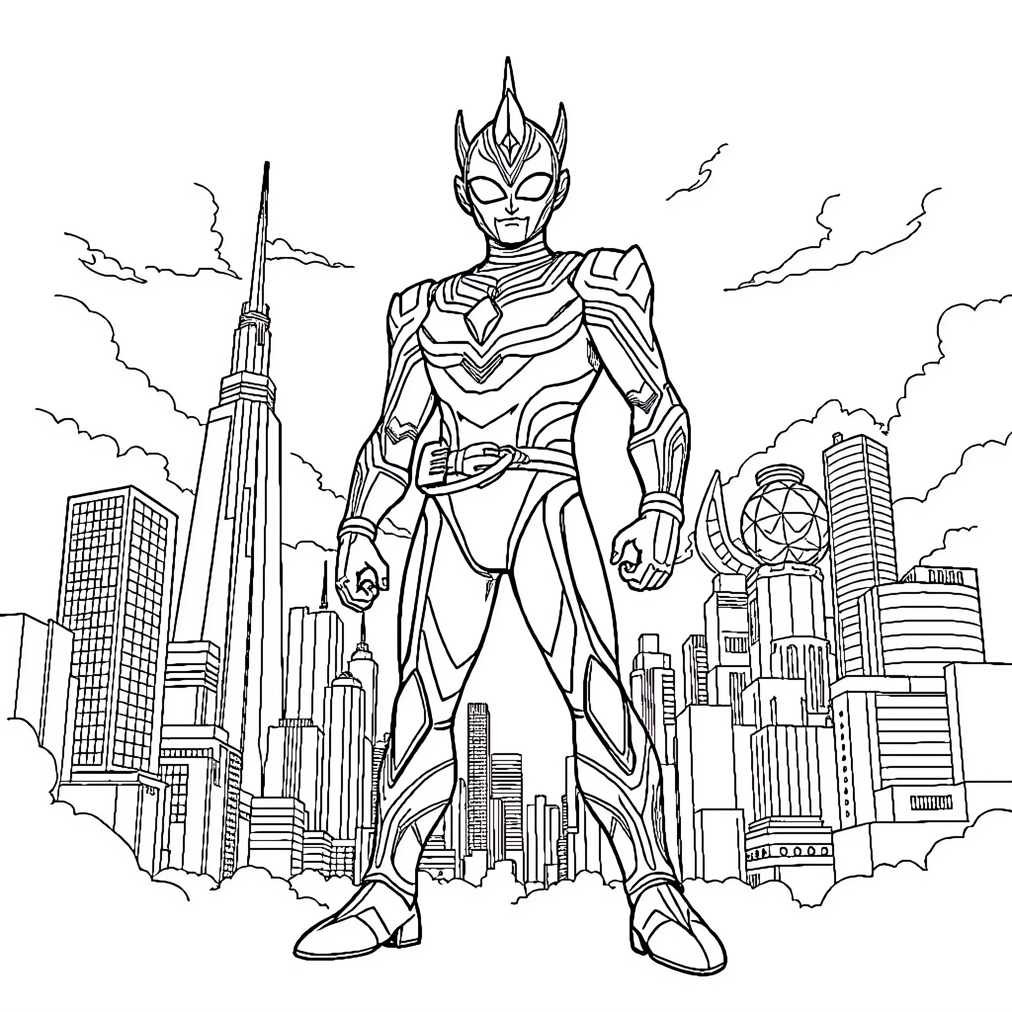 Ultraman battling in the city skyline Coloring Page (free black-and-white line drawing printable PDF for all, from beginners to advanced learners, including children, teens, adults, and seniors)