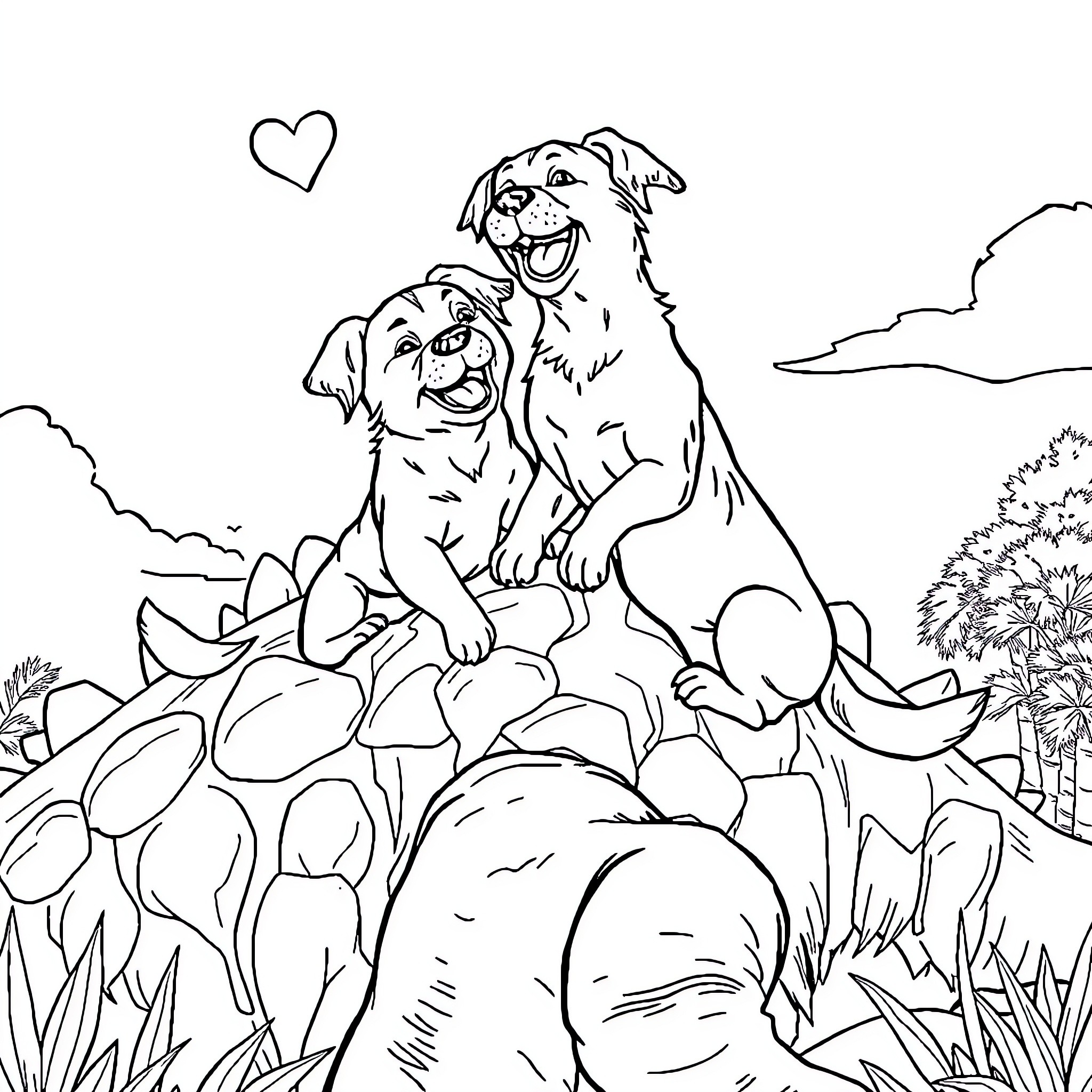 Chien joyeux jouant dans la nature Coloring Page (free black-and-white line drawing printable PDF for all, from beginners to advanced learners, including children, teens, adults, and seniors)