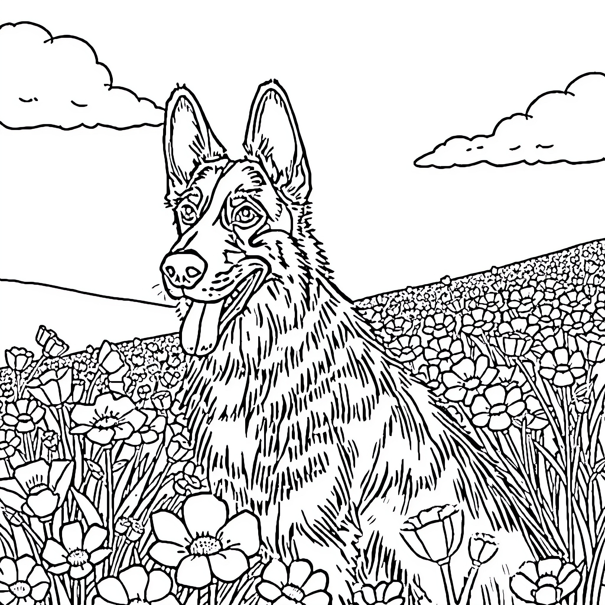 German Shepherd exploring a floral field Coloring Page (free black-and-white line drawing printable PDF for all, from beginners to advanced learners, including children, teens, adults, and seniors)