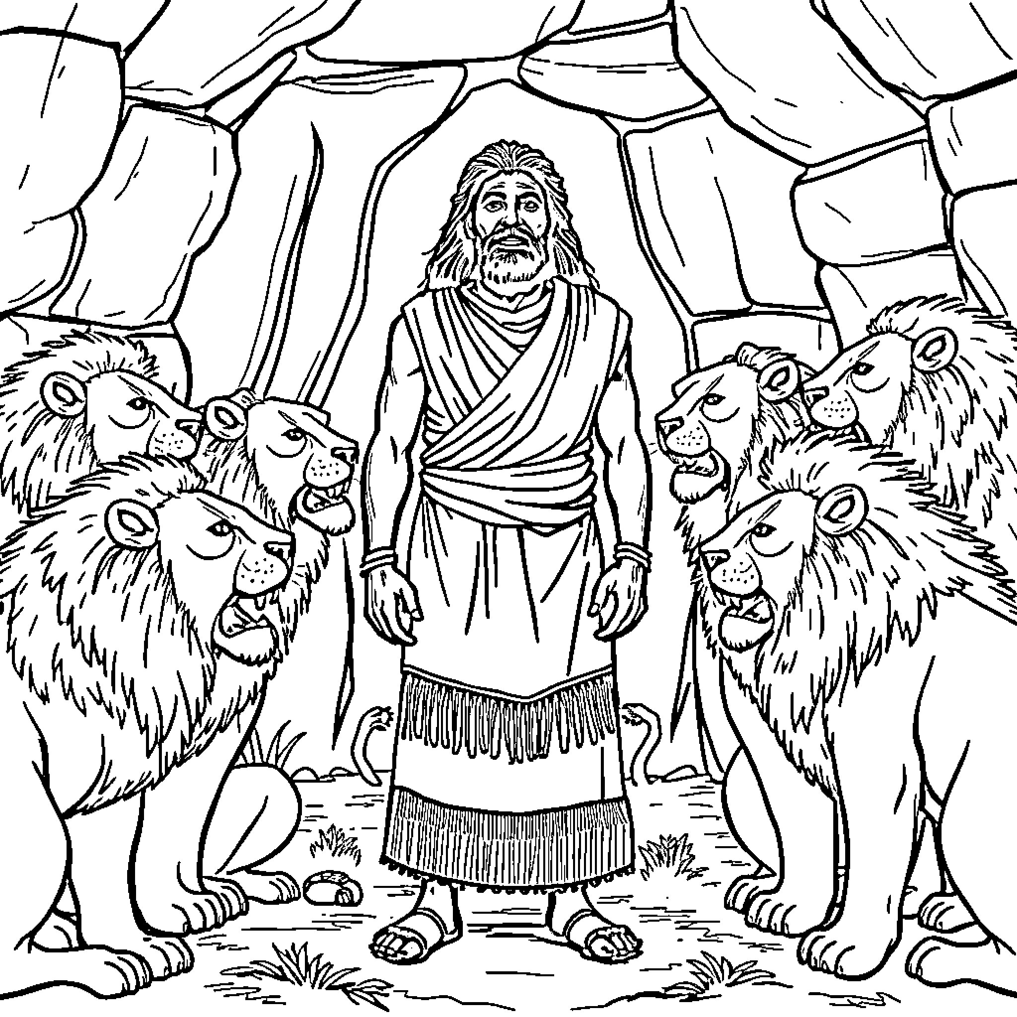 Man surrounded by majestic lions in a rugged landscape Coloring Page (free black-and-white line drawing printable PDF for all, from beginners to advanced learners, including children, teens, adults, and seniors)