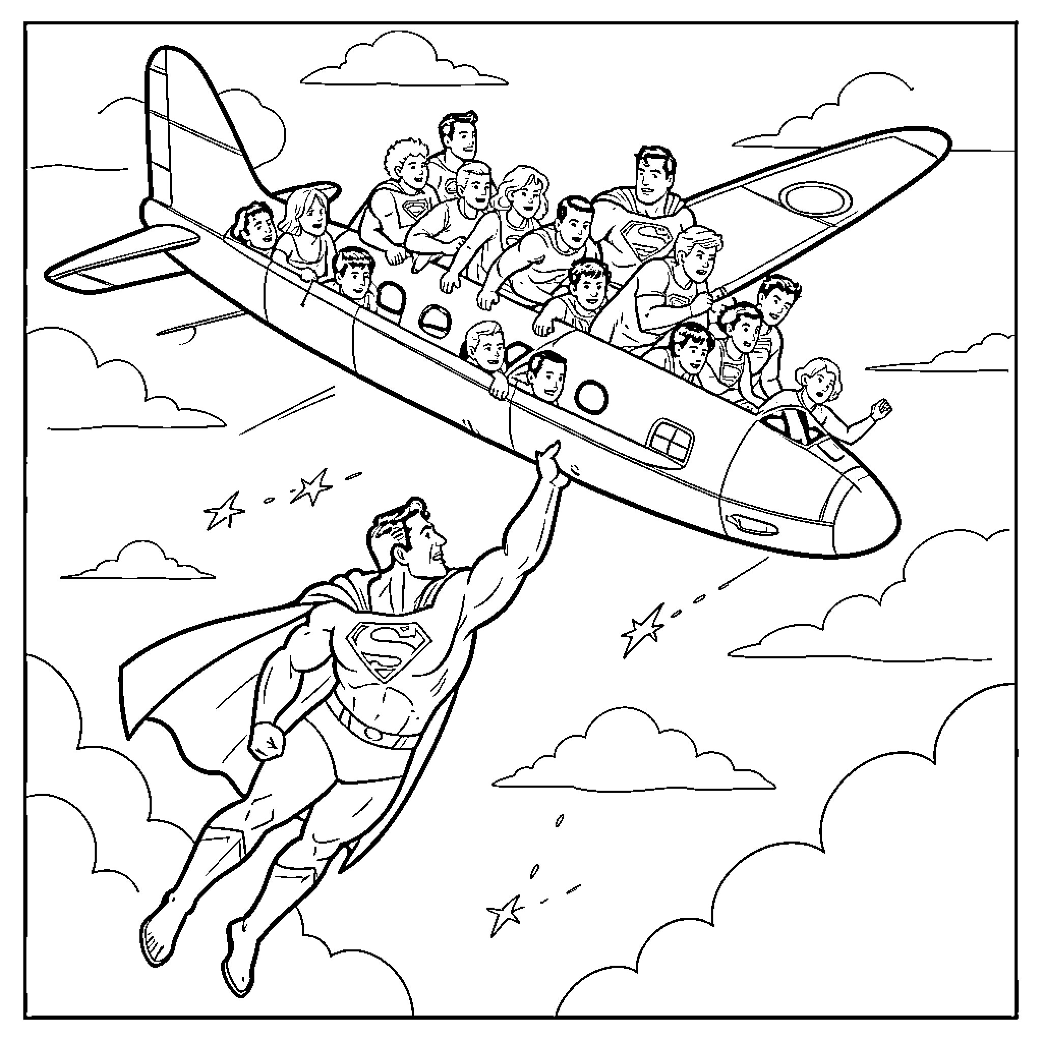 Superman flying alongside a plane filled with people Coloring Page (free black-and-white line drawing printable PDF for all, from beginners to advanced learners, including children, teens, adults, and seniors)