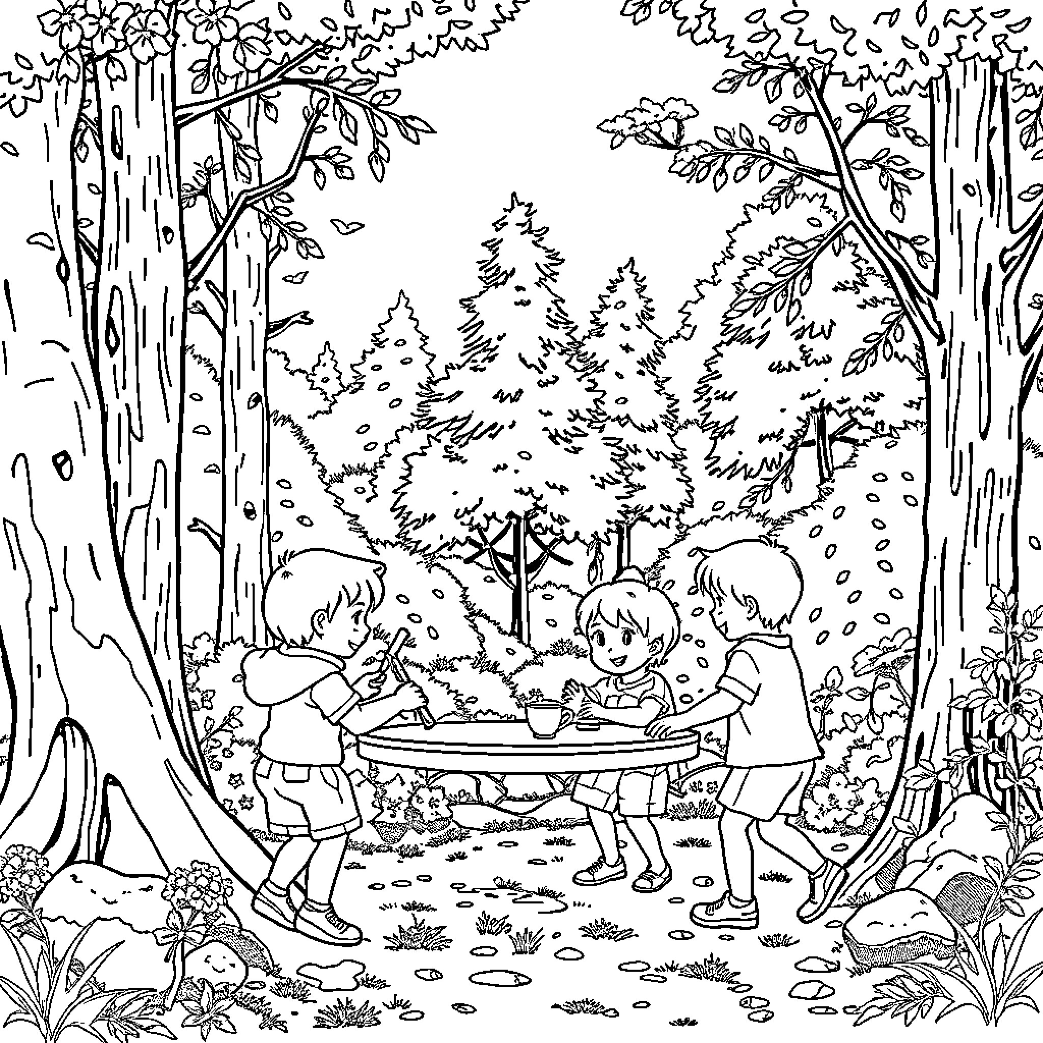 Giocattoli Sharing Picnic Outdoors in Forest Coloring Page (free black-and-white line drawing printable PDF for all, from beginners to advanced learners, including children, teens, adults, and seniors)